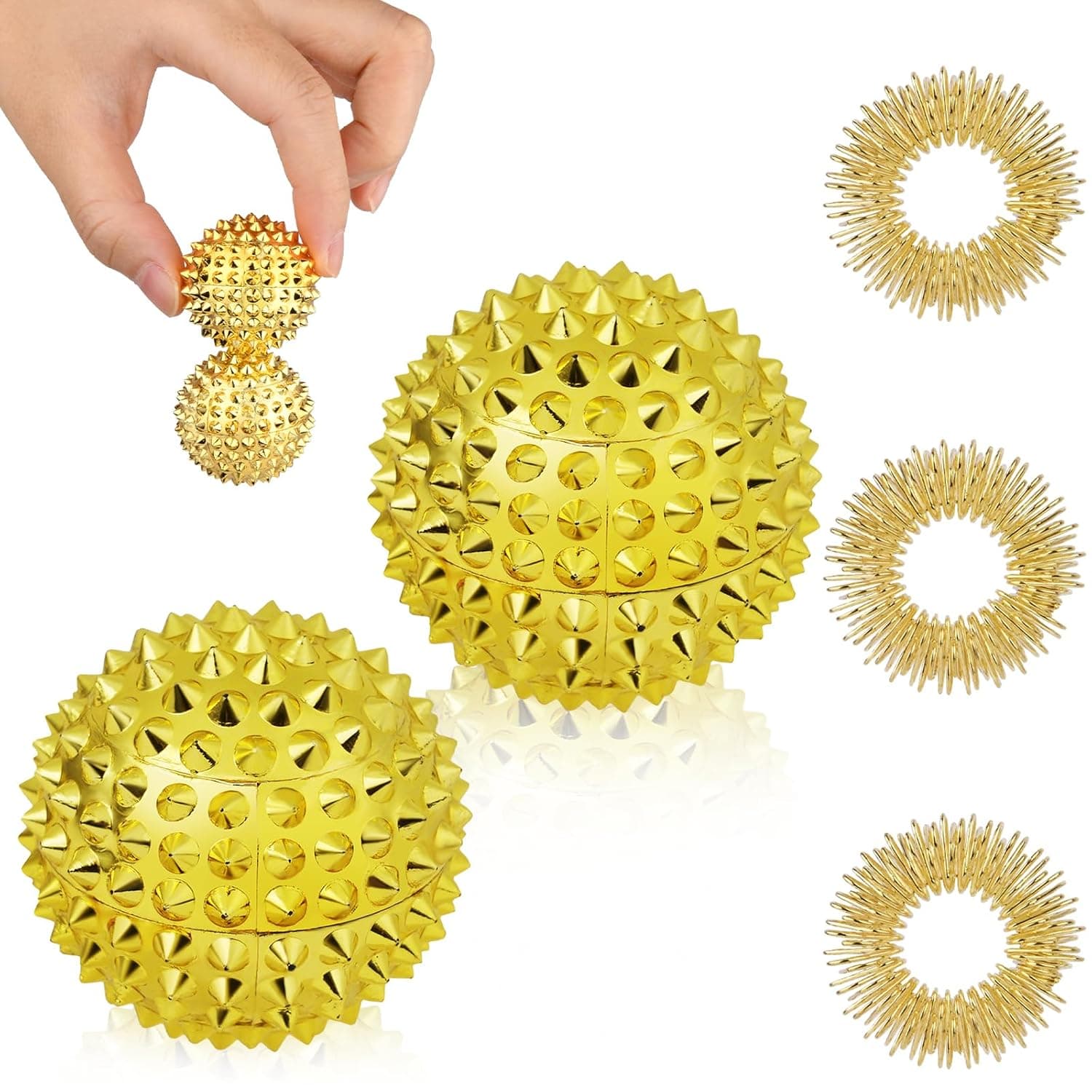 URAQT Massage Balls, 2 Magnetic Massage Balls with 3 Finger Rings, Deep Tissue Massage, Exercise, Yoga, Relaxation (Silver)