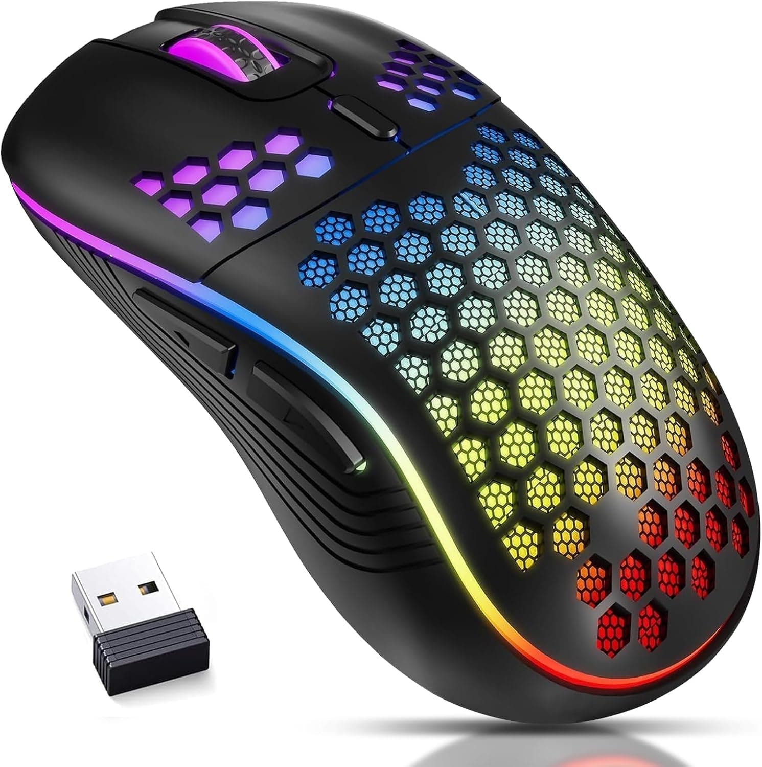 ماوس العاب لاسلكي، ماوس العاب ياكيتر هوني كومب 2.4G USB قابل لاعادة الشحن، مزود باضاءة LED بسبعة ألوان، ودقة تصل إلى 7200 نقطة في البوصة، ومستشعر عالي الدقة لاجهزة ماك واللابتوب.