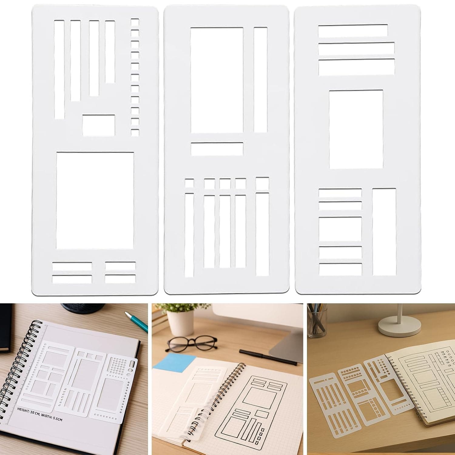 Handmade Flexible Planner Stencils, 3Pack Record & Drawing Templates for Journaling, Scrapbooking, Bullet Journal, Calendar Planning, Lettering & DIY Craft Supplies