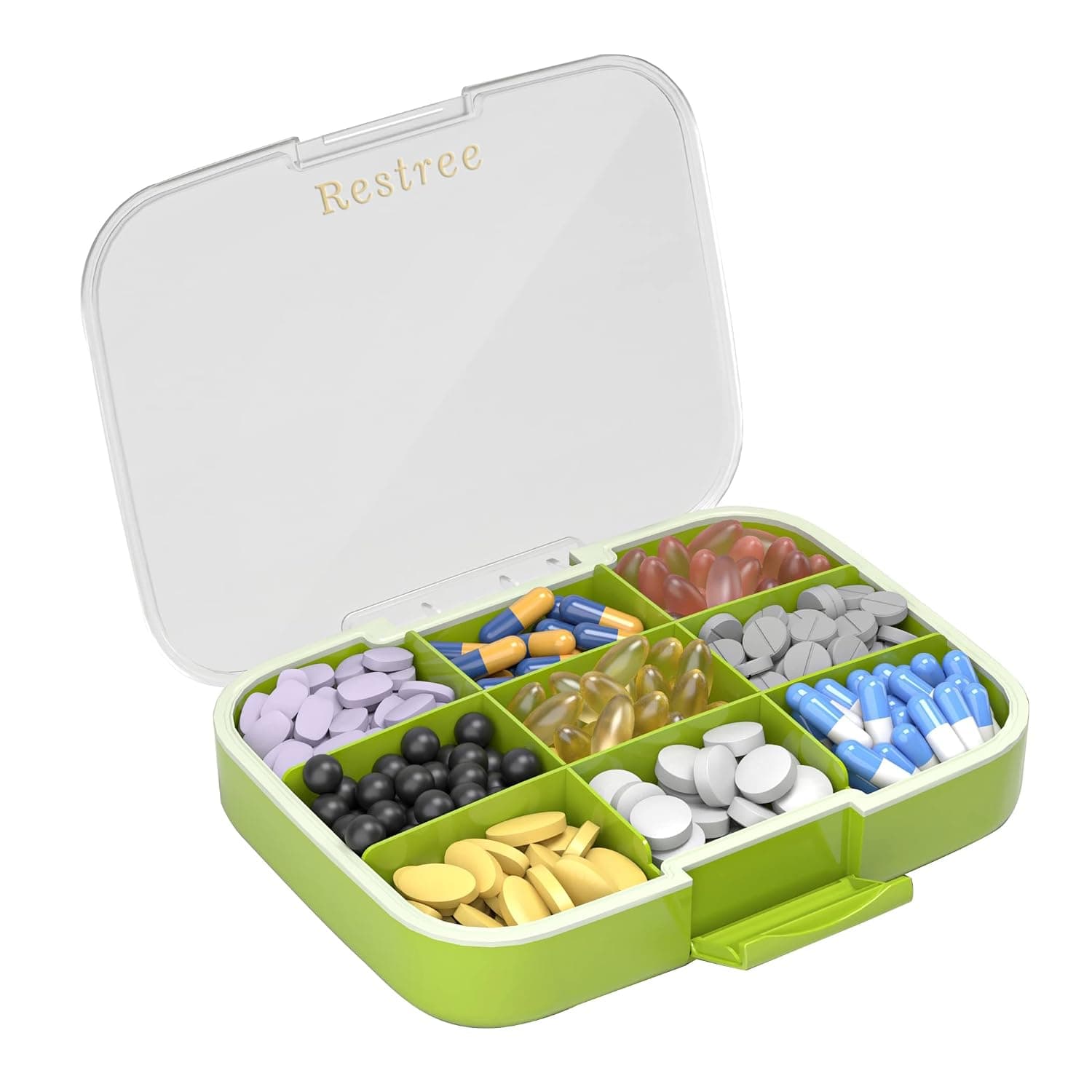 Restree Pill Organizer, Portable Pill Dispenser, Moisture-Proof Travel Pill Case for Vitamin, Medicine, Fish Oil/Supplements Extra Large 9 compartments (Green)
