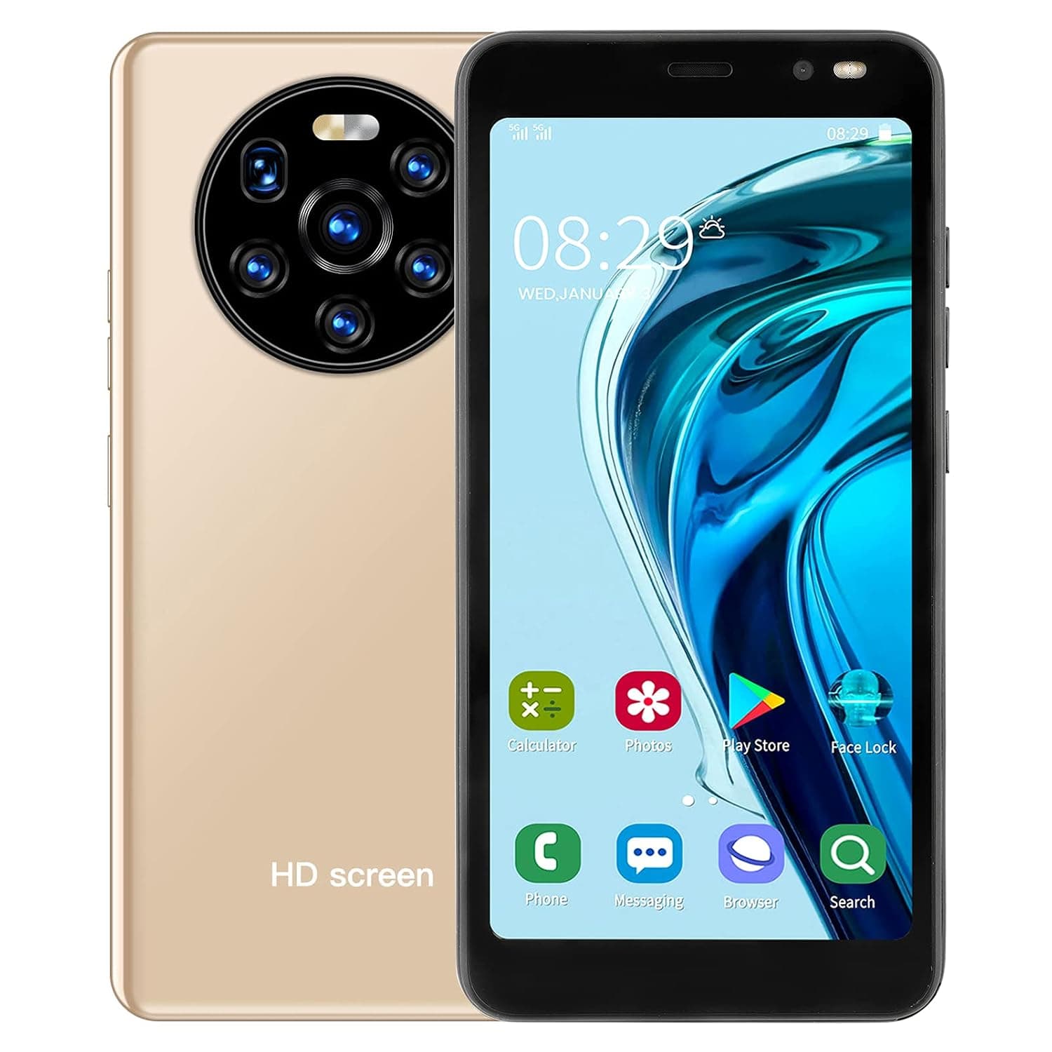 Unlocked Smartphones, Cell Phones Unlocked, 5.45in Full HD Screen, 512MB RAM + 4GB ROM, 128GB Expandable, WIFI, BT, FM, GPS [Energy Efficiency Class A++] (Gold)