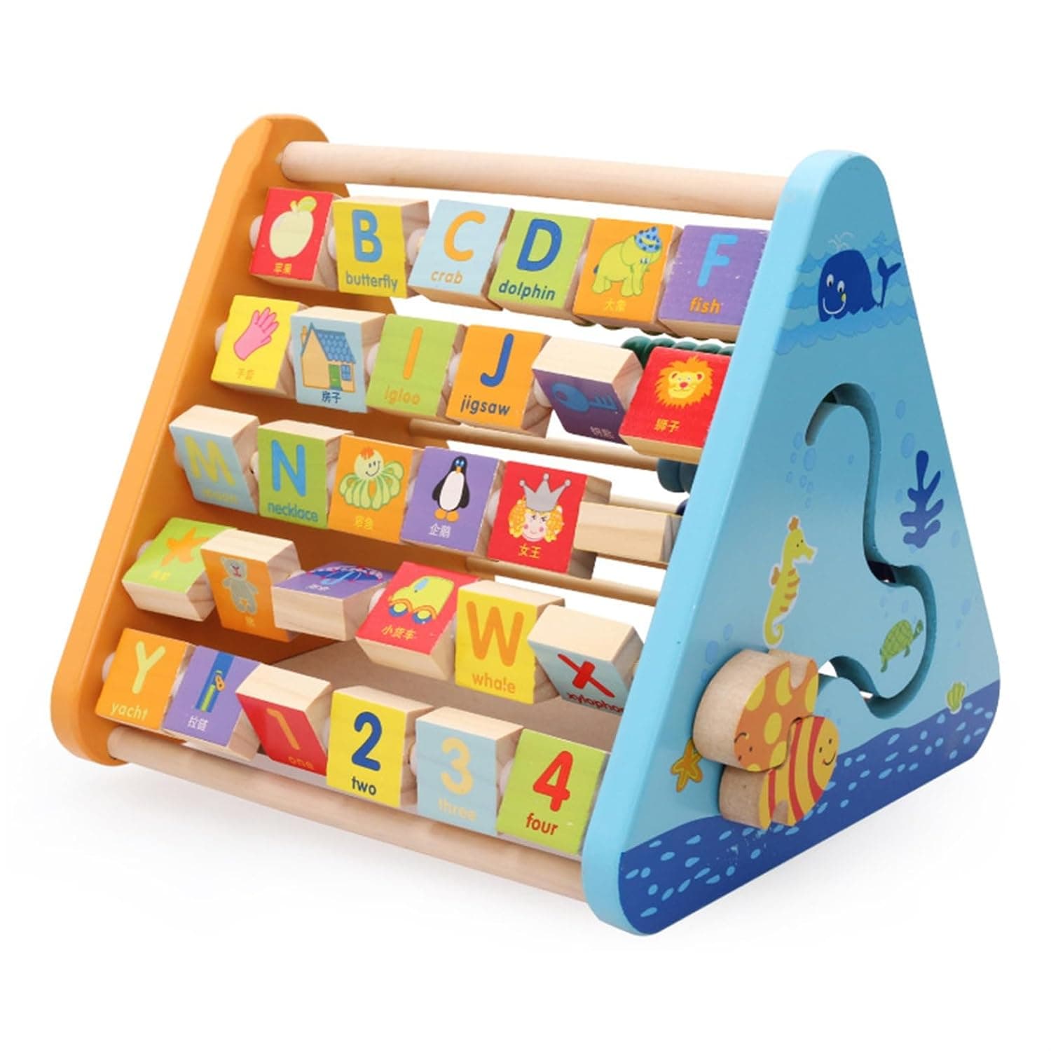 Andanna Activity Centre Triangle Toys, Flop Alphabet Blocks Abacus Clock,Wooden Activity Cube for Toddlers, 5 in 1 Toys for Babies Montessori Learning Wooden Toys for 3 Year Old (Triangle)