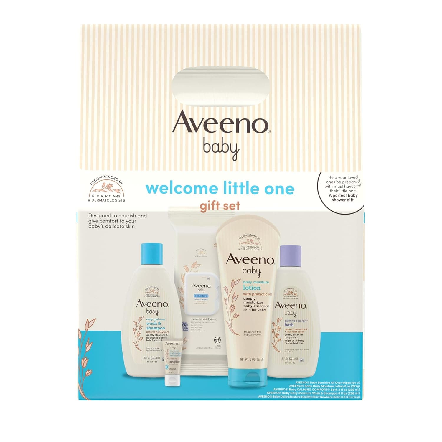 Aveeno Baby Welcome Little One Gift Basket, Baby Skincare Set with Baby Body Wash & Shampoo, Calming Bath Wash, All Over Baby Wipes, & Daily Moisturizing Lotion, 5 Items