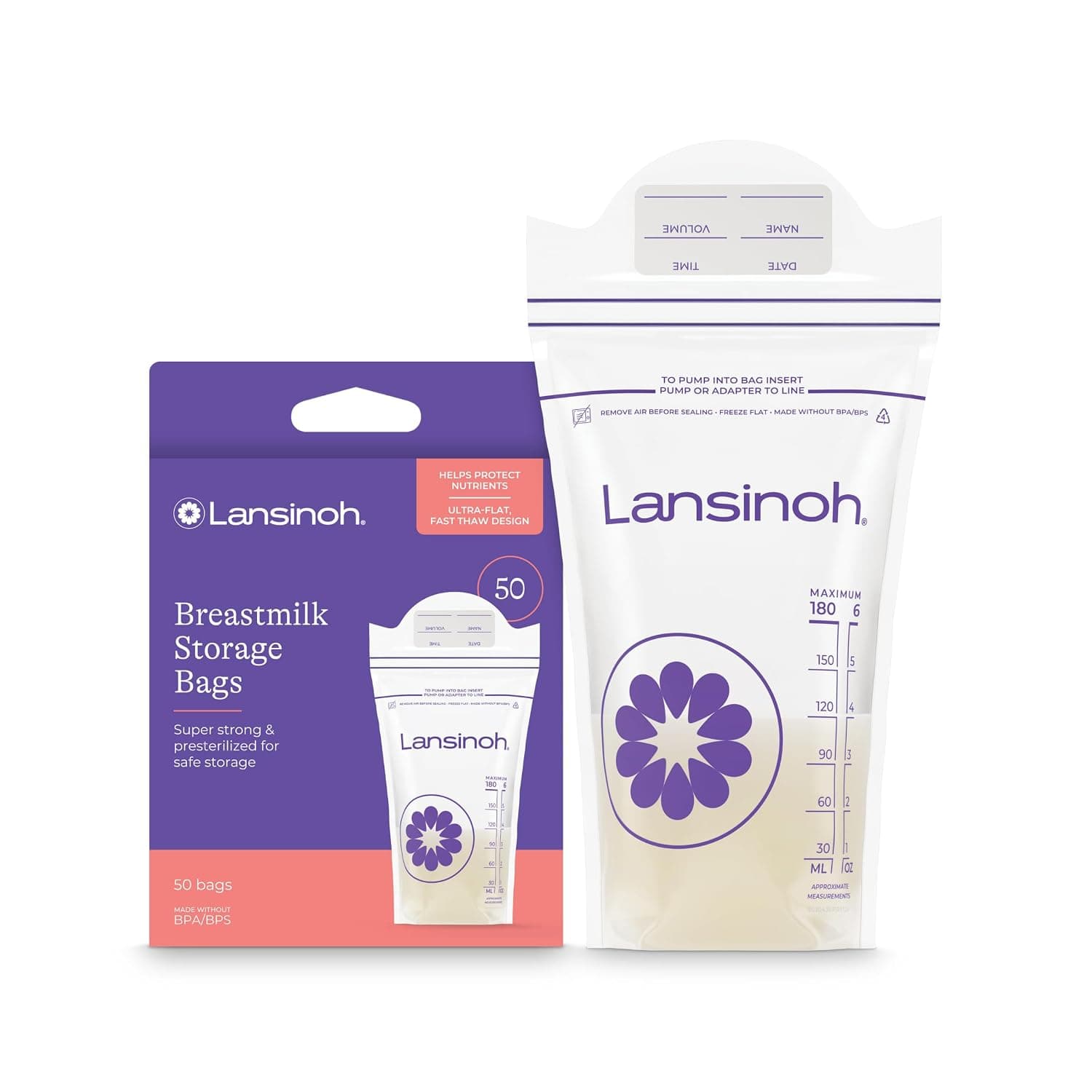 Lansinoh 50 Count Breastmilk Storage Bags, Disposable, Plastic, Zipper Closure, Clear, Freezer Safe