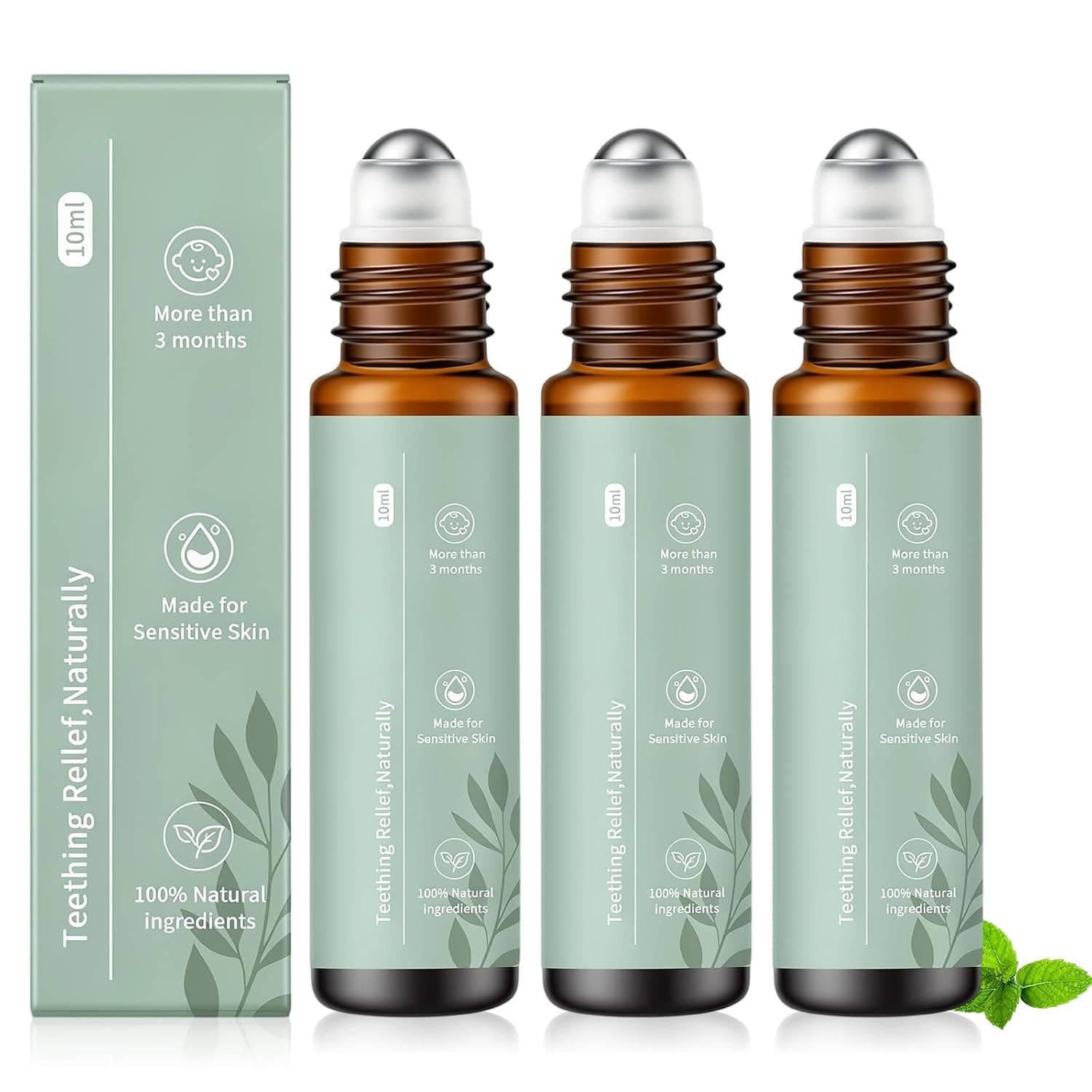 3Pcs Teething Roller,Natural Gum Massage Roller, Original Teething Roller with Chamomile and Rose Oil, Teething Relief Roller，Essential Oil Roller for Daily Care