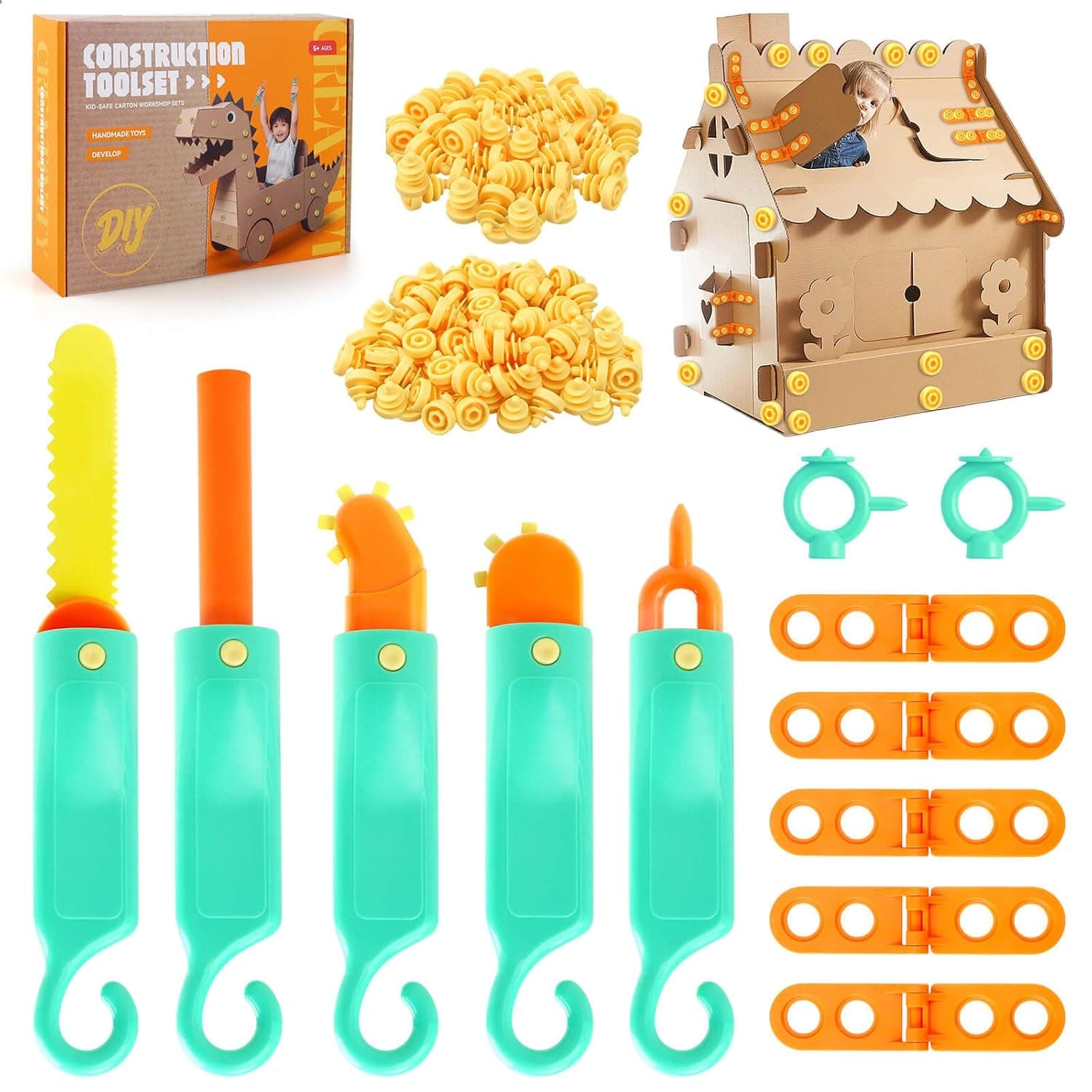 JONEG Cardboard Construction Tool Building Set Toys for 3-8 Year Old Kids | Gifts for 6 7 8 9 10 Year Old Boys Girls, Engineer STEM Building Kit, Educational Montessori Cutter, DIY Cardboard Projects