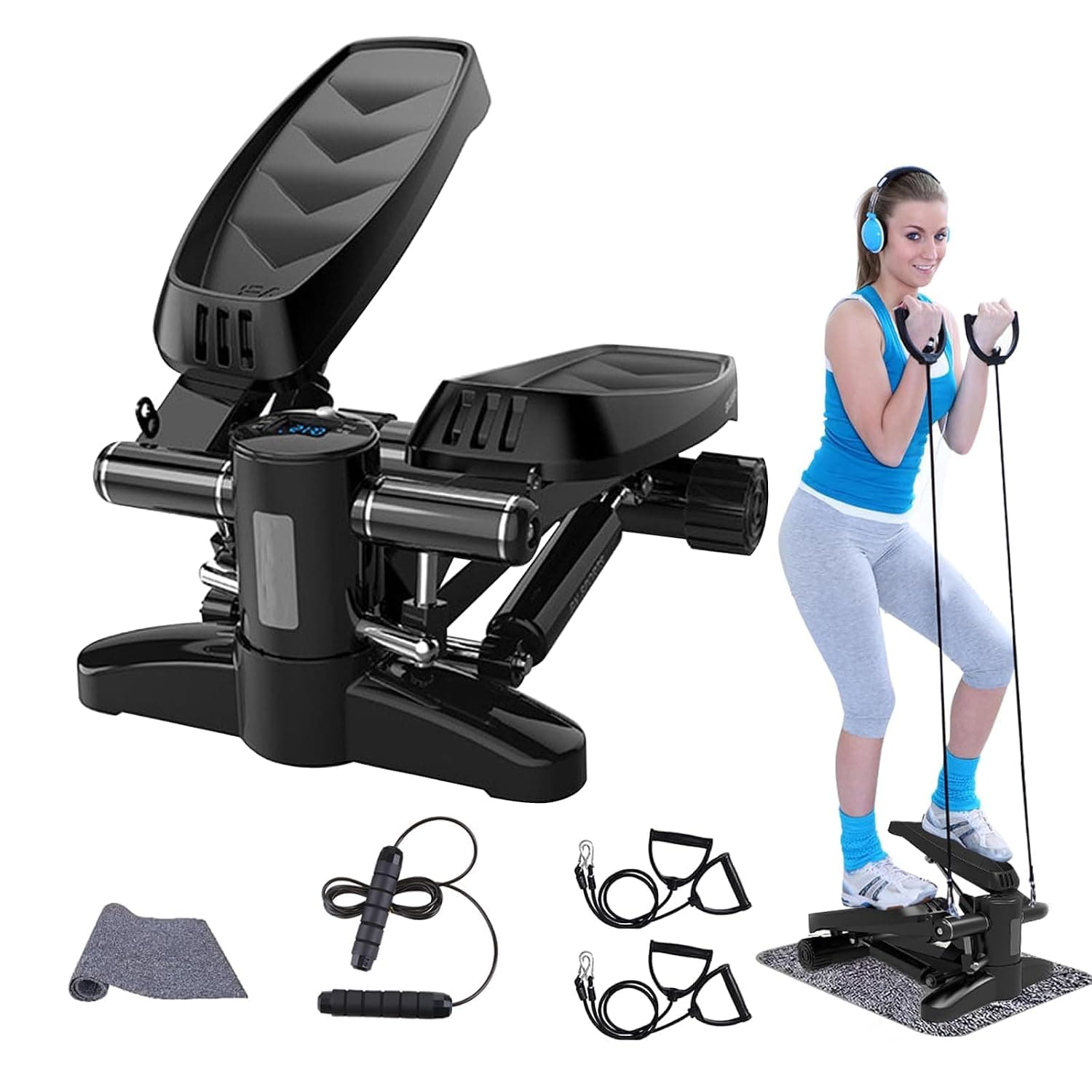 Mini Stepper for Exercise, Stepper Machine with Display, Step Exercise Machine with Resistance Bands and Floor Mat for Home Workout, Up Down Swing Twist Stepper for Leg Arm Full Body Trainer