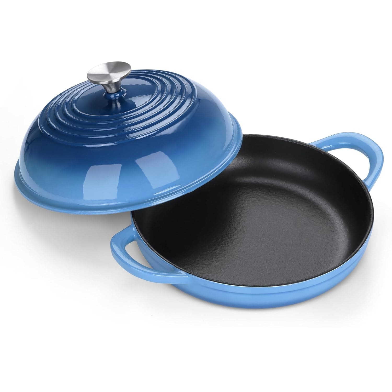E-far Dutch Oven for Sourdough Bread Baking, 6 Qt Round Enameled Cast Iron Dutch Oven for Homemade Artisan Bread, Dome Lid & Shallow Base, Matte Black Interior & Durable, Oven-Safe to 500℉, Blue
