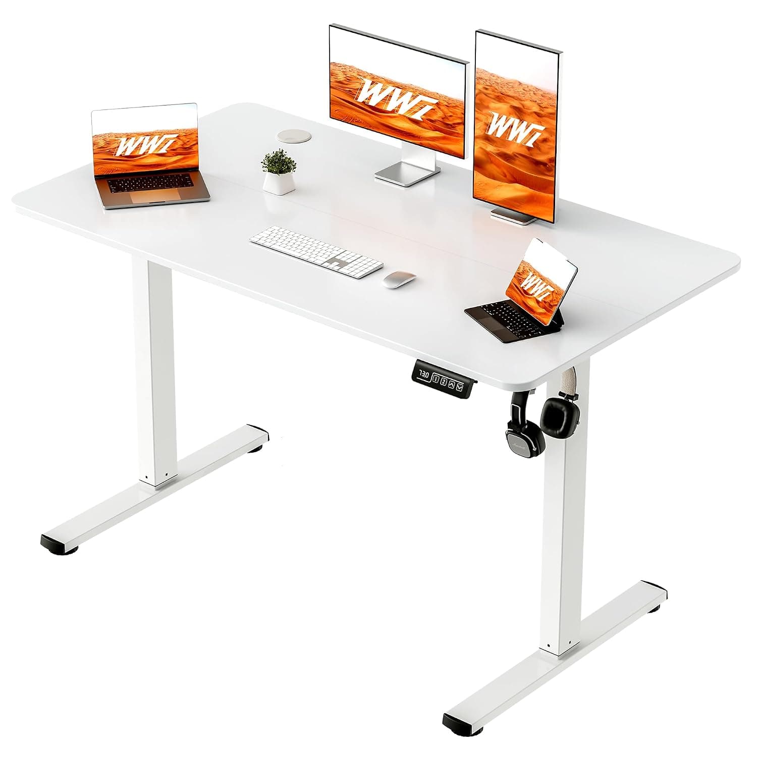 WWI Electric Height Desk Adjustable Computer Desk 120x60cm with Memory Remote Height 2 Smart Standing Workstation with Headphone Hook and Metal Bracket (White, 120 * 60)