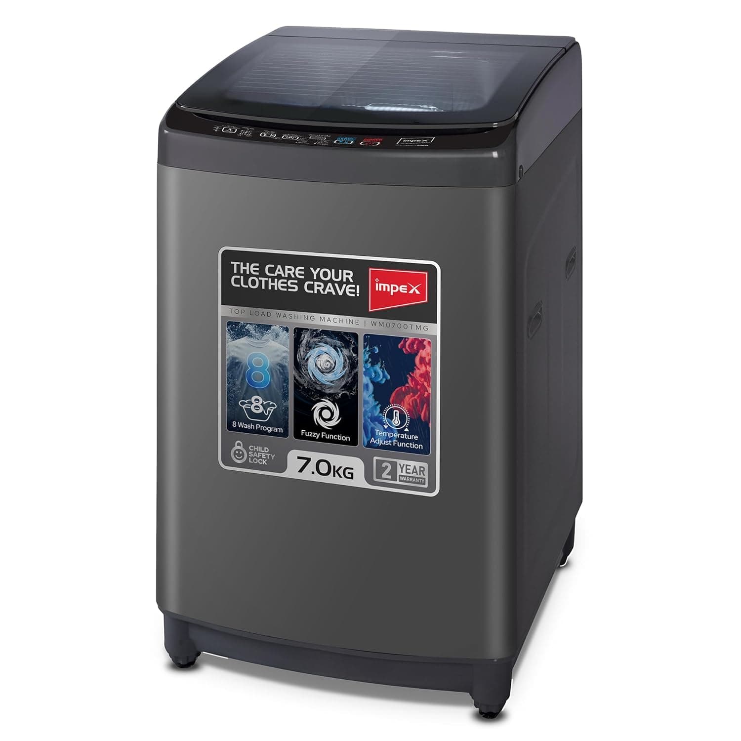 غسالة من امبكس موديل WM0700TMG بتحميل علوي سعة 7 كيلوجرام باللون الرمادي الميتاليك مع ميزة قفل الأطفال