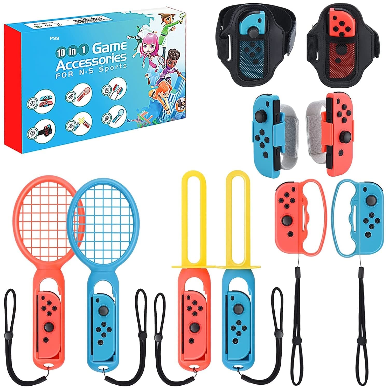 PSS 2022 Switch Sports Accessories Bundle, 10 in 1 Family Sports Game Accessories Kit for Switch OLED, Joycon Grip for Hand Strap & Leg Strap,Chambara,Bowling Grip and Tennis/Badminton Rackets