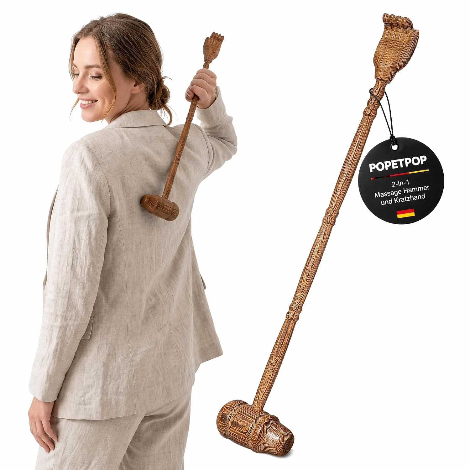 POPETPOP Wooden Back Scratcher, 43.5 cm Massage Hammer and Scratching Hand for Adults, Sturdy Wooden Back Scratcher, Manual Back Massager, Relaxation Aid for Home
