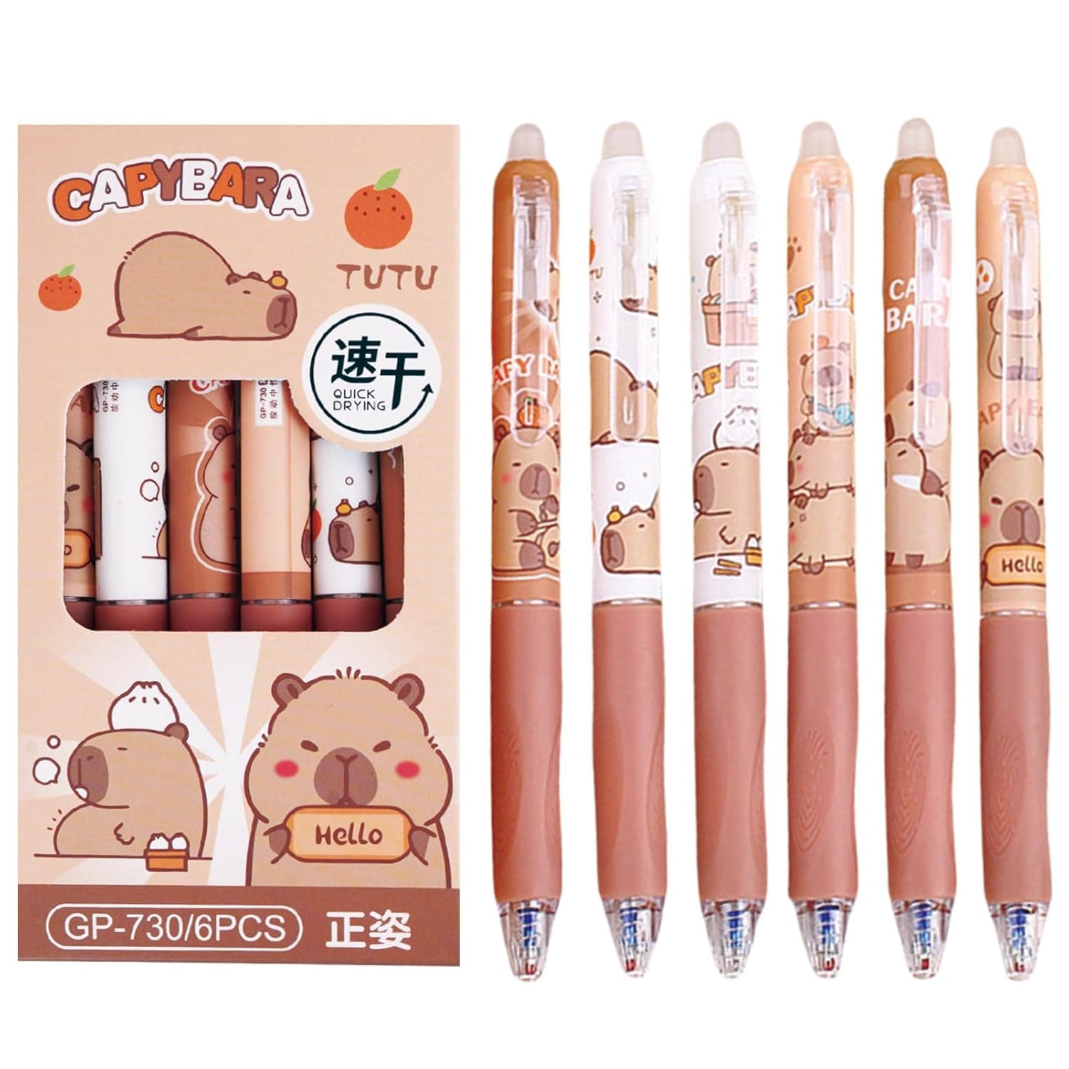 MOZXIRZ 6 Pcs Erasable Gel Pens Capybara Erasable Retractable Cute Pens Cartoon Capybara Pen 0.5mm Blue Ink Pen Office School Supplies Women Girls Boys (Blue Ink-Capybara)