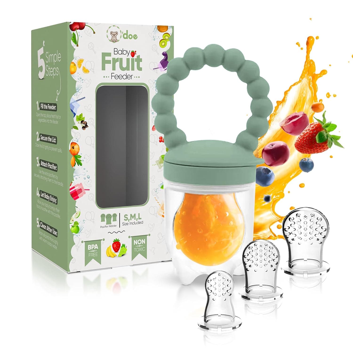 O'doe Baby Fruit Feeder | Teat and Pacifier for Infant with 1 Feeder Tray and 3 Nipples | BPA-Free, Food Grade Fruit Bowl for Babies | Weaning Pacifier (Green)