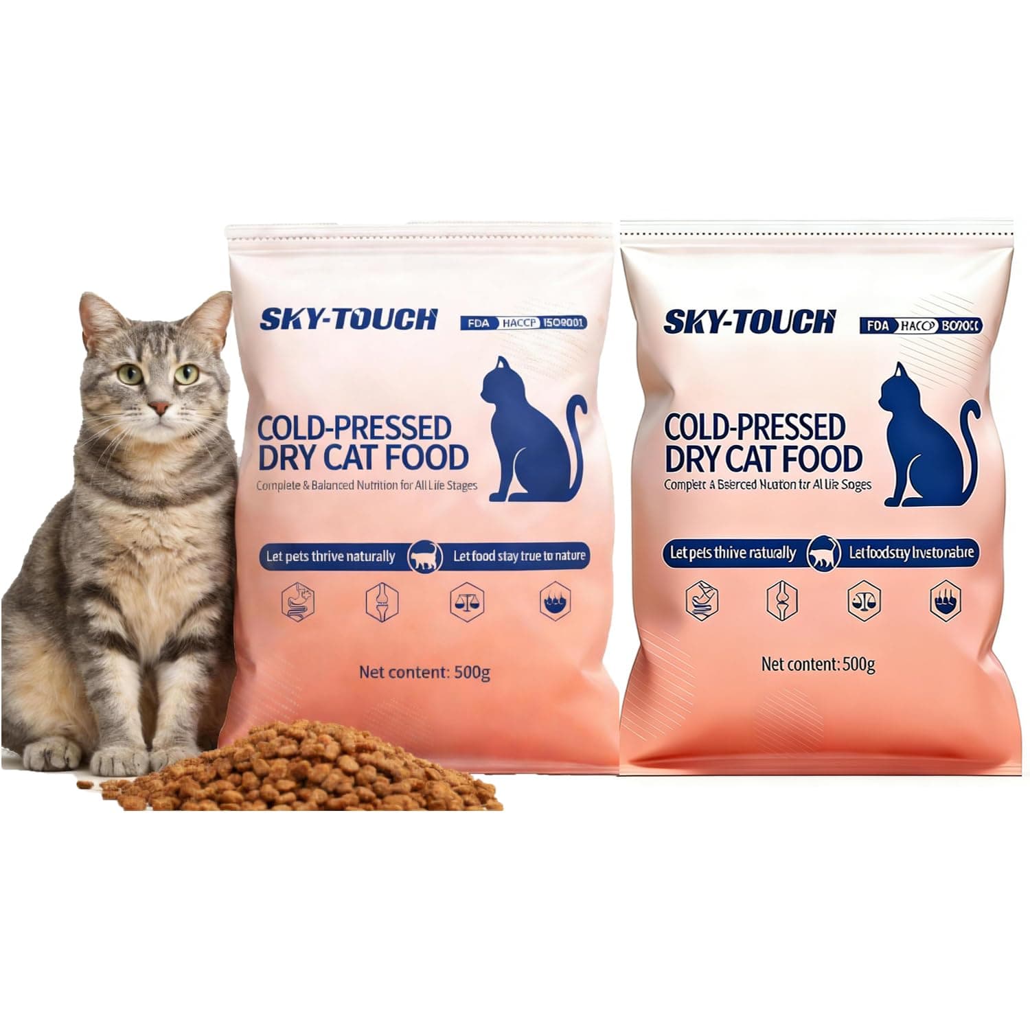 SKY-TOUCH Cold-Pressed Grain-Free Dry Cat Food 1kg – High Protein Chicken & Fish Formula with Taurine, Spirulina, Vitamins & Minerals – Complete & Balanced Nutrition for All Life Stages