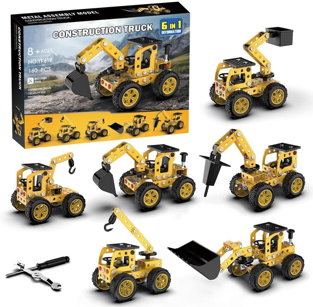 Doyomtoy Metal Construction Kit Construction Vehicle with 160 Components, 6 Models 3D Metal Puzzle, Construction Toy as a Gift