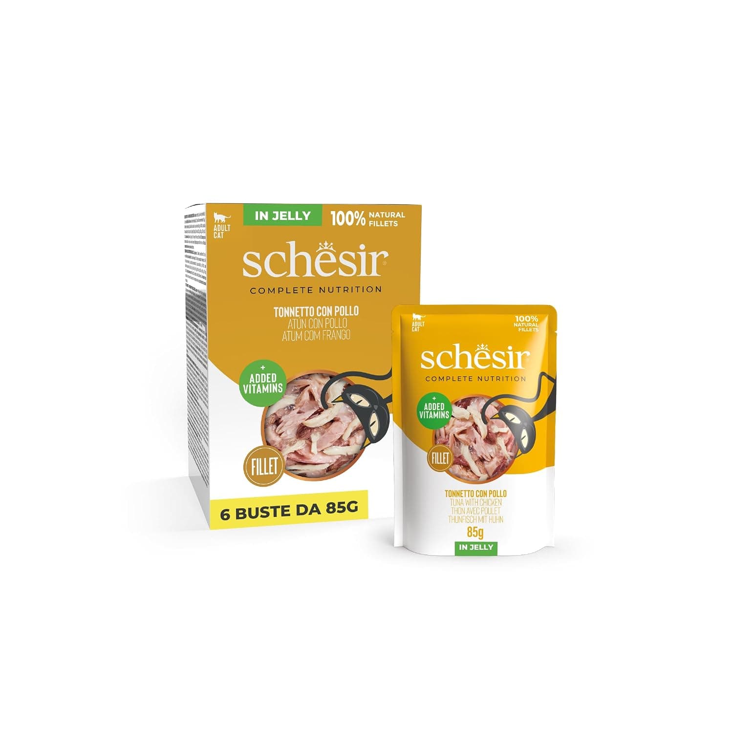 Schesir Wet Cat Food, Tuna with Chicken In jelly, All Life Stages, Pate, Complete Nutrition, 6 x 85g