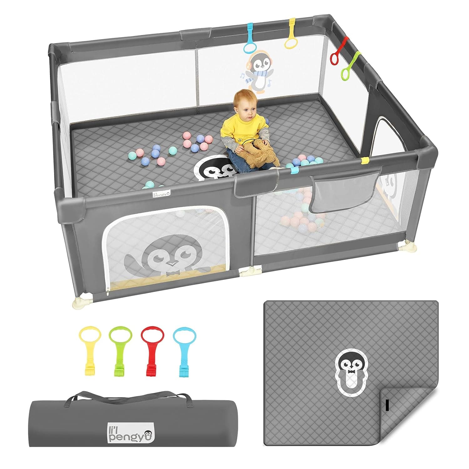 Li'l Pengyu Gray Baby & Toddler Playpen with Mat, 71x59 Inch, Extra Large, No Gaps, Indoor & Outdoor, Includes Carrying Bag, Anti-Slip Base