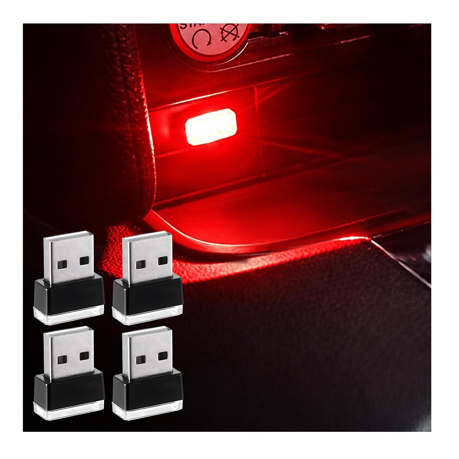 Augeny 4 PCS USB LED Car Interior Atmosphere Lamp, Plug-in USB Decor Night Light, Portable Auto Ambient Lighting Kit, Universal Vehicle Interior Accessories for Most Cars (Red)