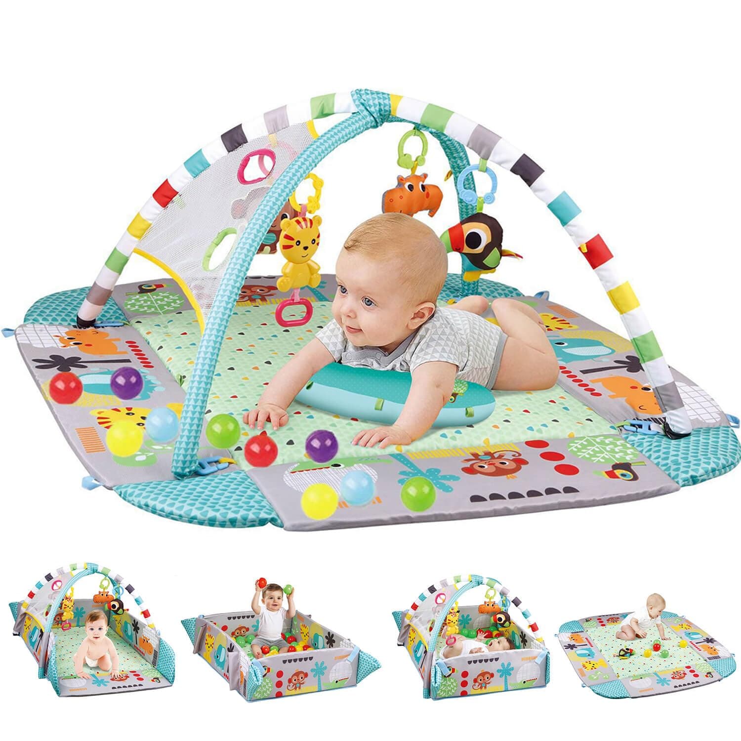 Baby Play Gym Mat with Music & Toys - Tummy Time Pillow Activity Mat, Soft Washable Play Gym for Infant Sensory Development & Safe Play, Includes 30 Balls, 0-12 Months