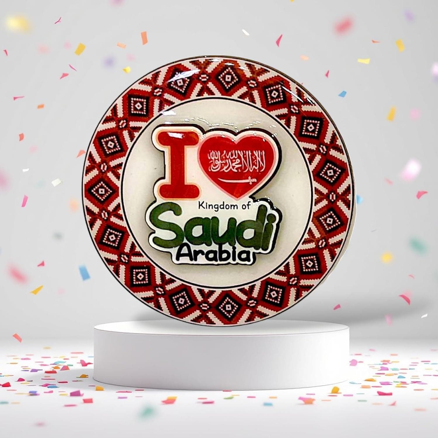 مغناطيس ثلاجة من اس ايه سوفينير، مغناطيس ثلاجة قوي مزخرف بعبارة I Love KSA مع حواف بنمط سادو تقليدي لديكور المنزل والمكتب