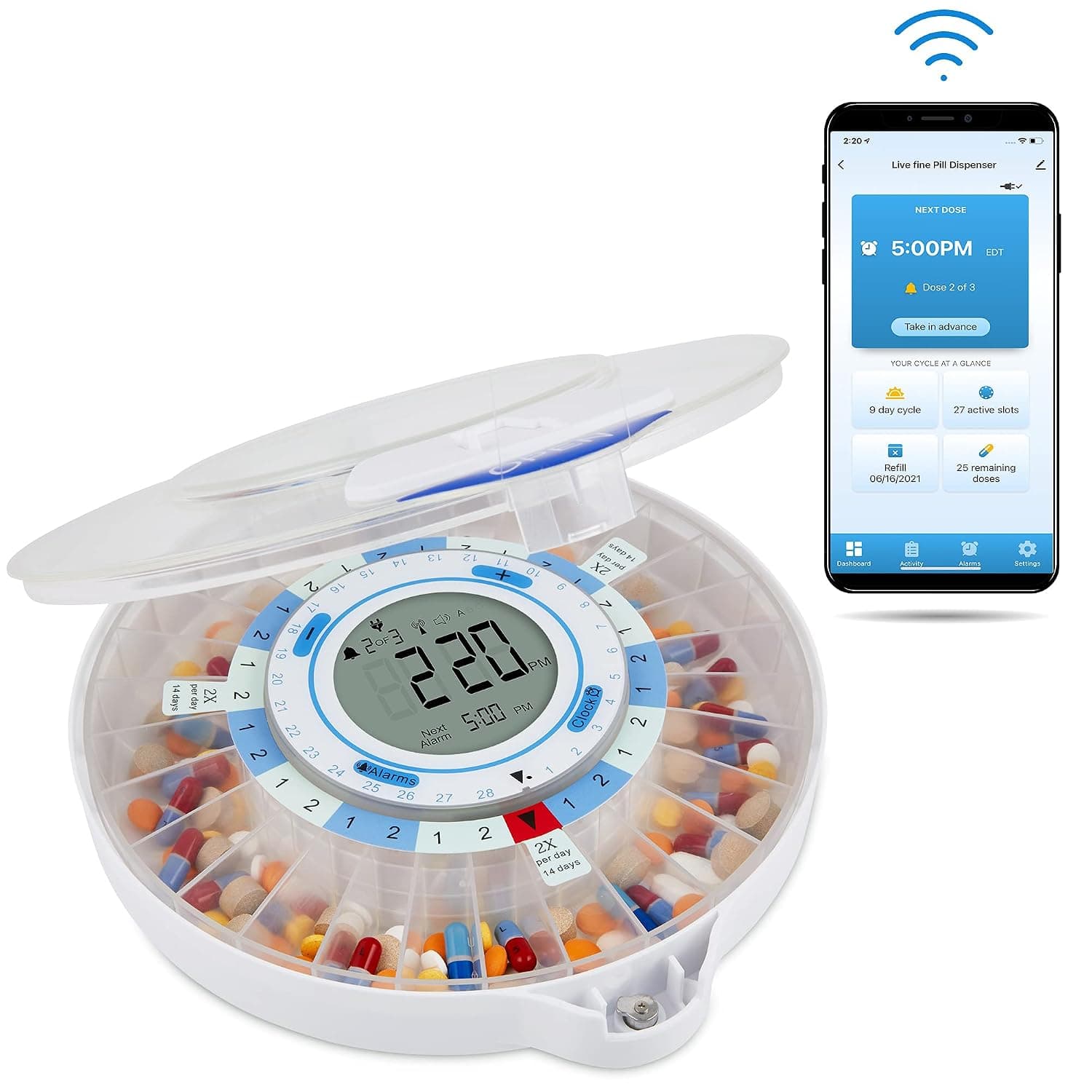 LiveFine Smart WiFi Automatic Pill Dispenser | 28-Day Medication Organizer Up to 9 Doses Per Day for Care Monitoring with Locking Key, Adjustable Light/Sound Alarms for Prescriptions & Vitamins | For caregivers managing a loved one's meds - remote app updates and a locking key with sliding window simplify dosing.