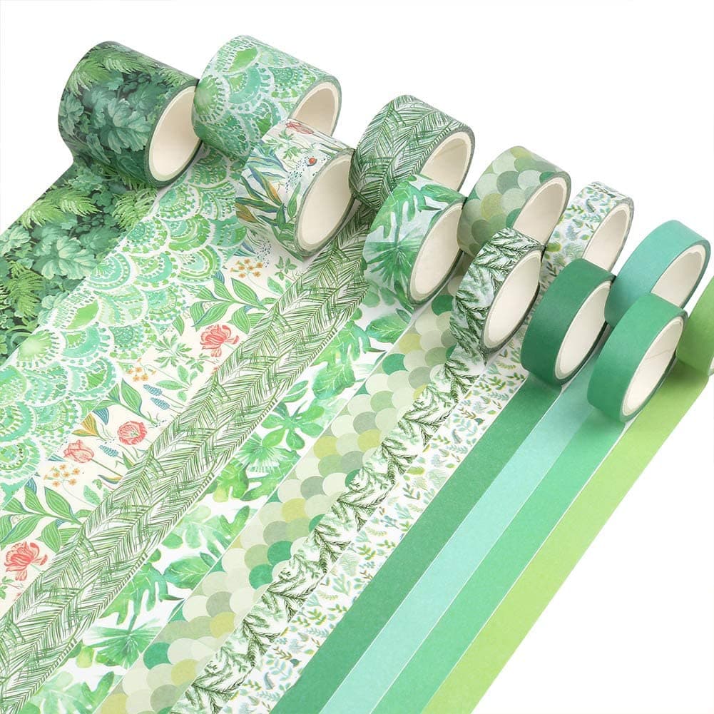Washi Tape Set, Green Plants, Floral, Cactus Decorative Masking Tapes for Scrapbooking, Bullet Journals, Planners, Gift Wrapping, DIY Crafts & Stationery Supplies (12 Rolls)