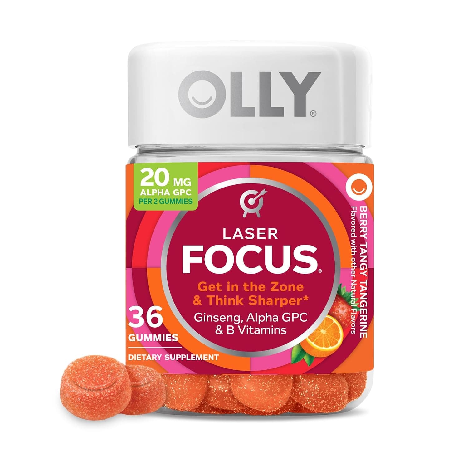 Olly Laser Focus Gummy 18 Day Supply Gummies Ginseng Alpha GPC B Vitamins Chewable Supplement, Berry Tangy Tangerine, 36 Count