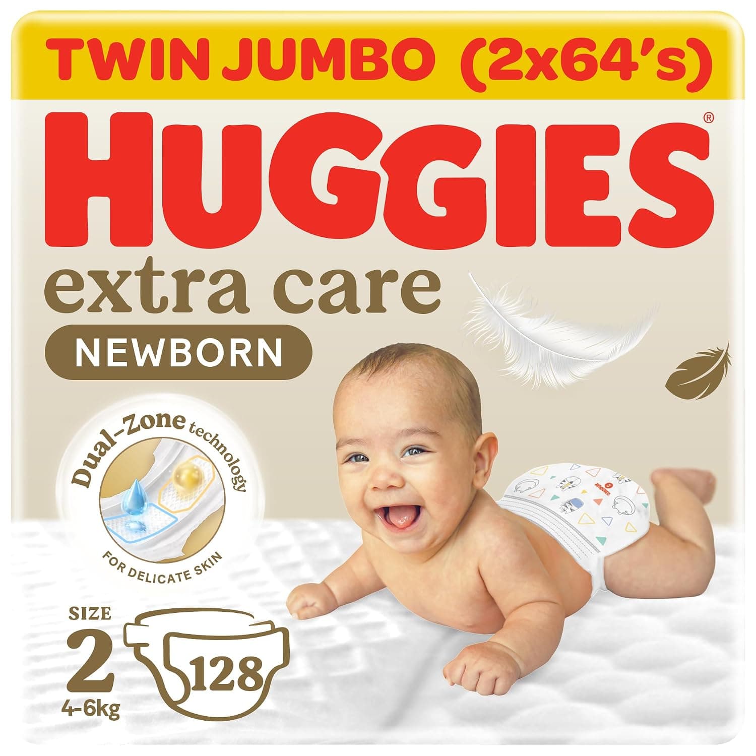 Huggies Extra Care Newborn Diaper Size 2 (4-6 KG) Pack of 2 x 64 Diapers