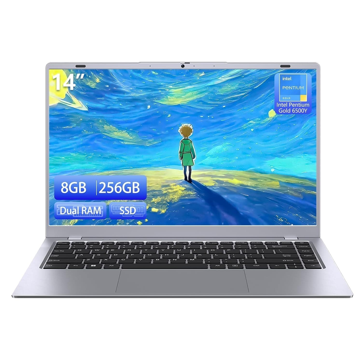 2026 Silver Laptop, Pentium Gold 6500Y Processor(Up to 3.4 GHz),8GB RAM 256GB SSD,14 Inch FHD IPS Display, 5000mAh Battery,Type-C