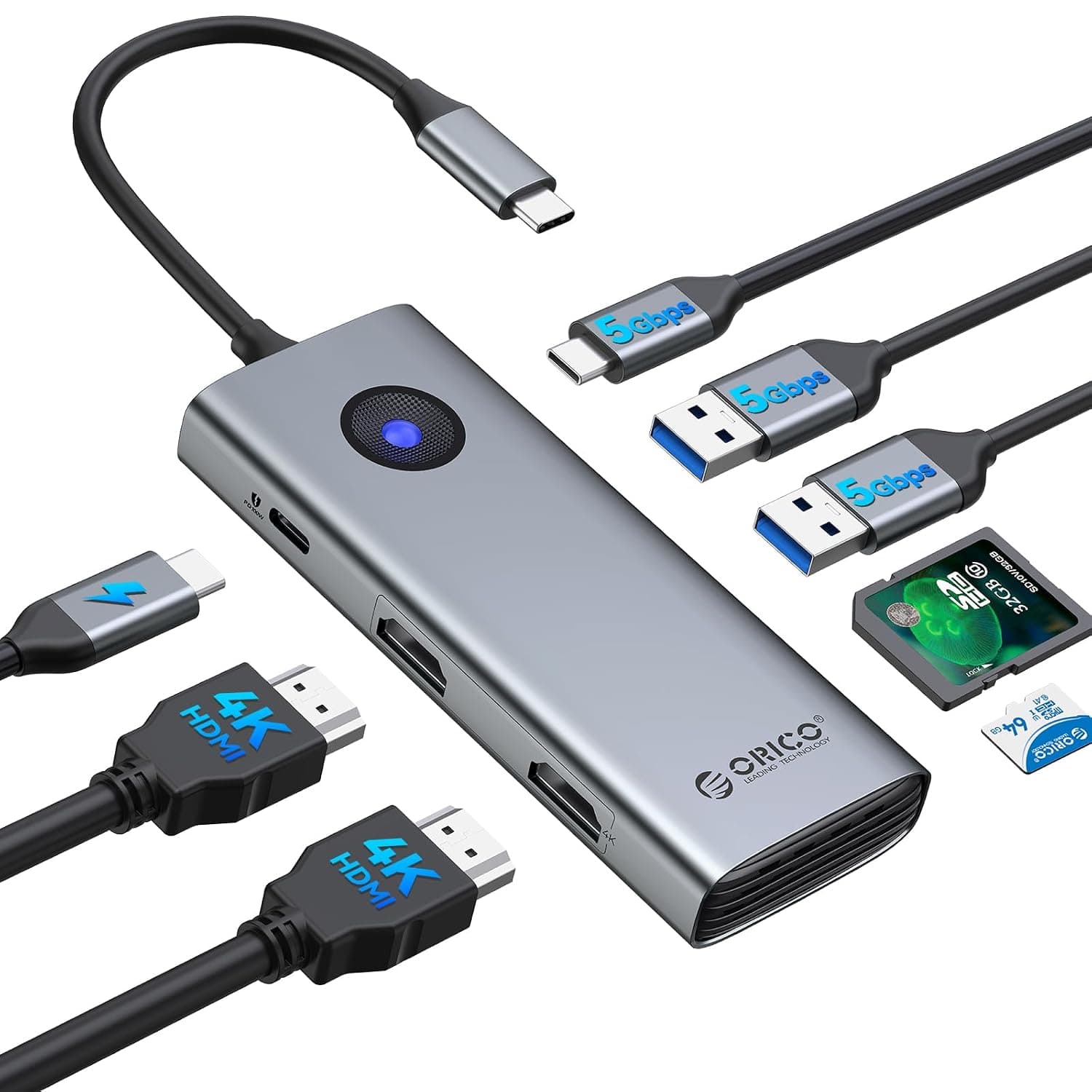 ORICO USB C Docking Station Dual Monitor, 8-in-1 USB C Hub with 2 HDMI 4K@60Hz Ports, 100W PD Charging, USB-A&C 3.0, SD/TF for Laptop MacBook Dell PW11-8PH