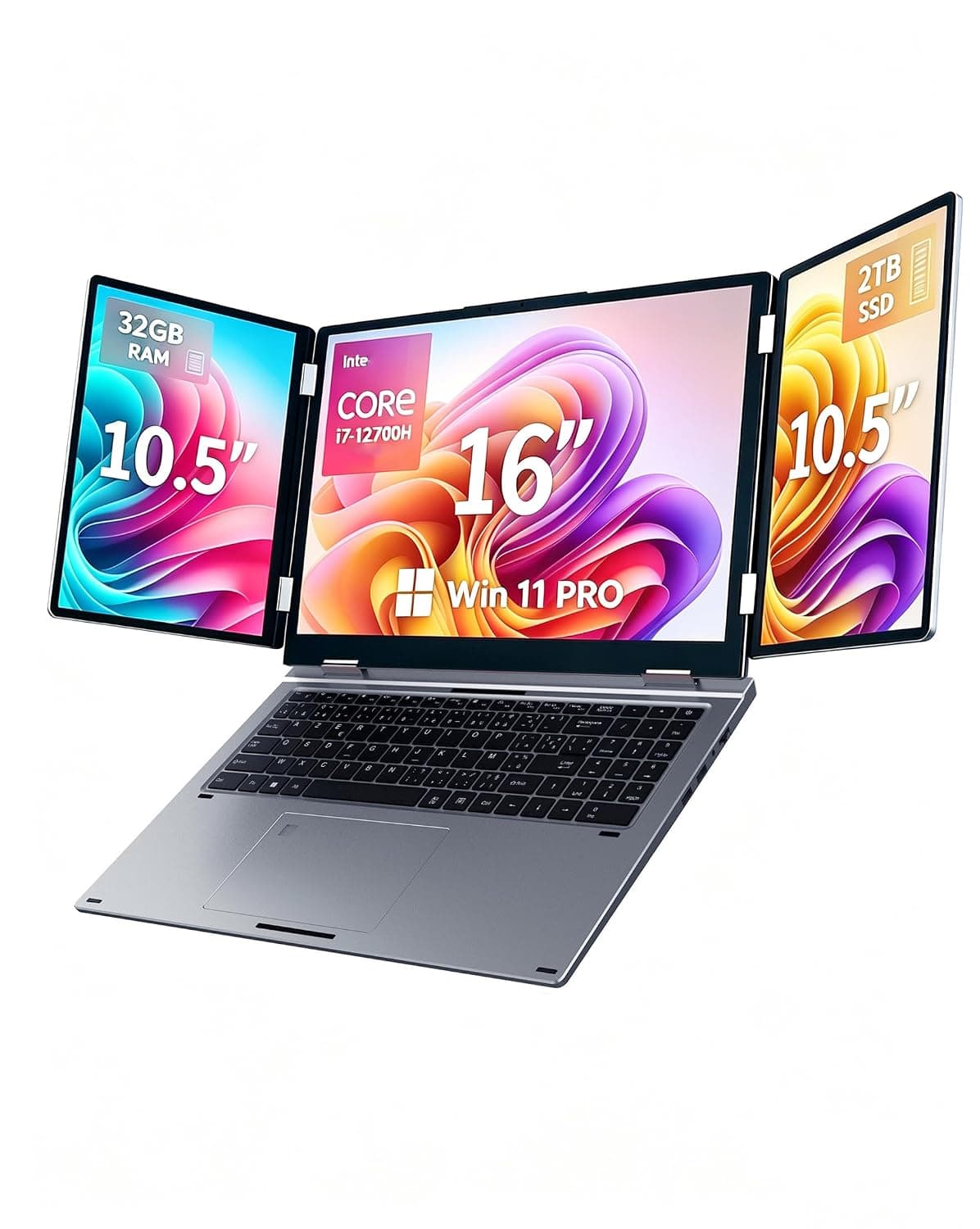Triple Screen Laptop, 16" Main + Dual 10.5" Monitors, Core i7-12700H | 32GB RAM, 2TB SSD, Win 11 Pro, Wi-Fi 5, BT 5.0, Face & Fingerprint Unlock, USB-C, HDMI