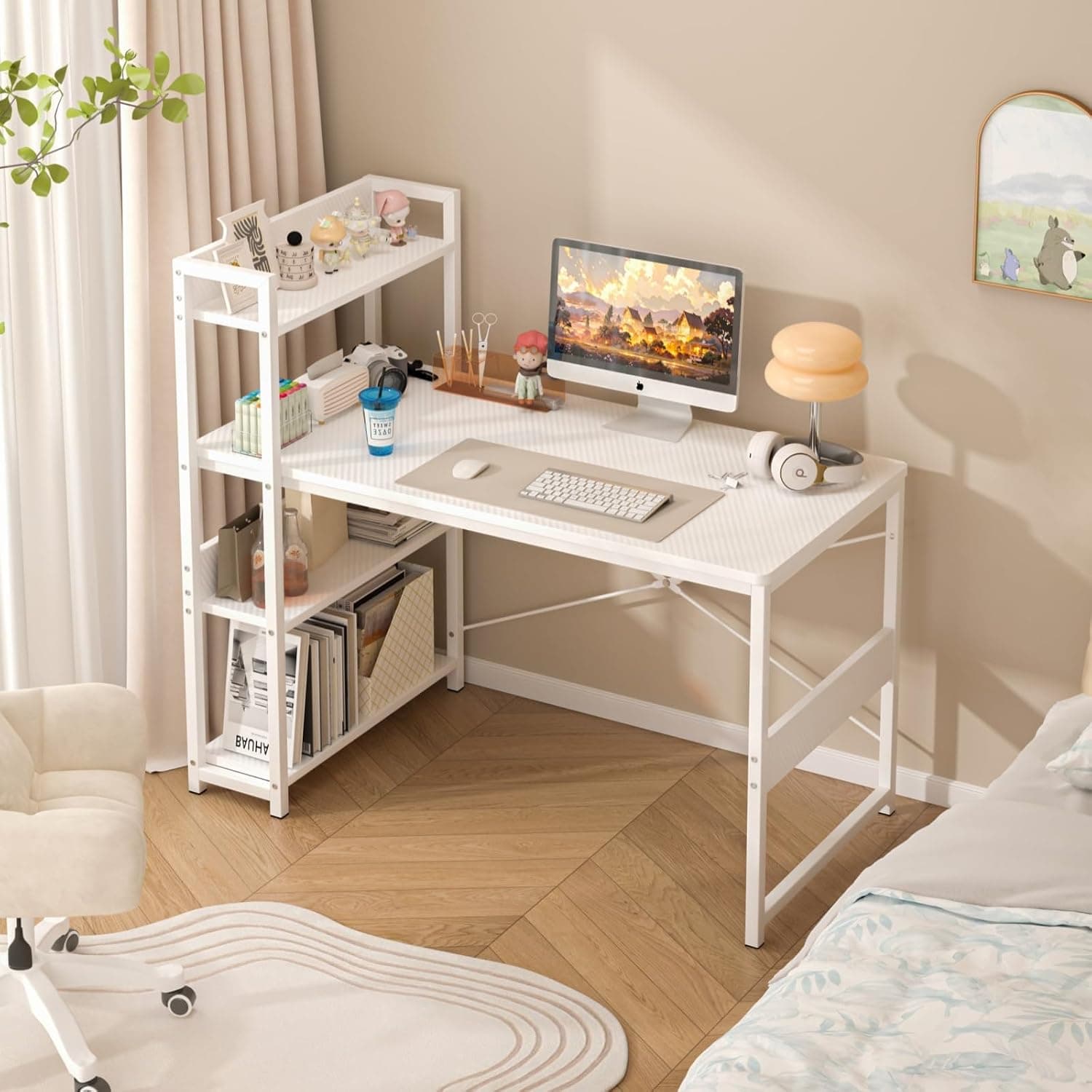 Computer Table Study Table Desk with BookshelvesComputer Desk for Gaming | White Gaming Table Computer Desk for home office desks & workstations Office Desk