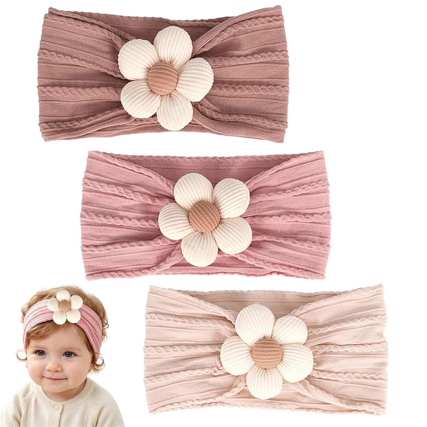MIUXUESO 3 Pcs Baby Flower Headbands Baby Girls Nylon Headbands Soft Hairbands Hair Accessories for Newborn Infant Toddler Kids（Beige Pink Khaki）