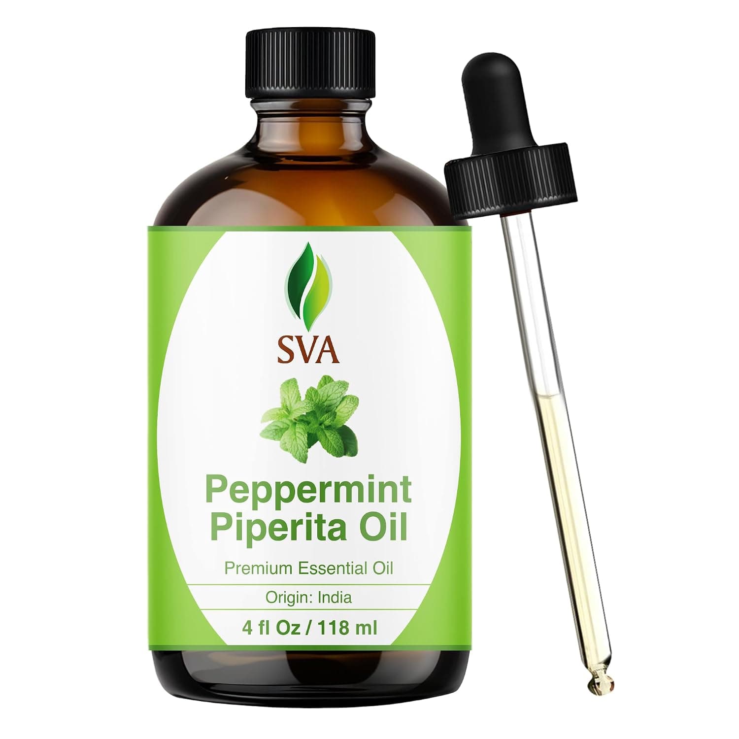 SVA Organics 100% Natural Peppermint Essential Oil ââ‚¬â€œTherapeutic Grade Aromatic Oil, 4 Fl Oz with Dropper | Natural Aromatherapy Oils | Peppermint Oil for Diffuser, Humidifier, Skin Care, Hair Care, Scalp Care, Body Massage, Soap & DIY Projects in Glass Bottle