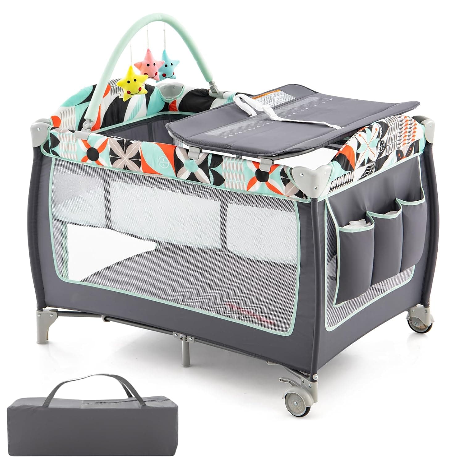 HONEY JOY Pack and Play, 4 in 1 Portable Baby Crib Playpen w/Bassinet, Changing Table, Storage Bag, Hanging Toys, Mattress, Foldable Pack and Play for Infant Boys Girls (Blue)