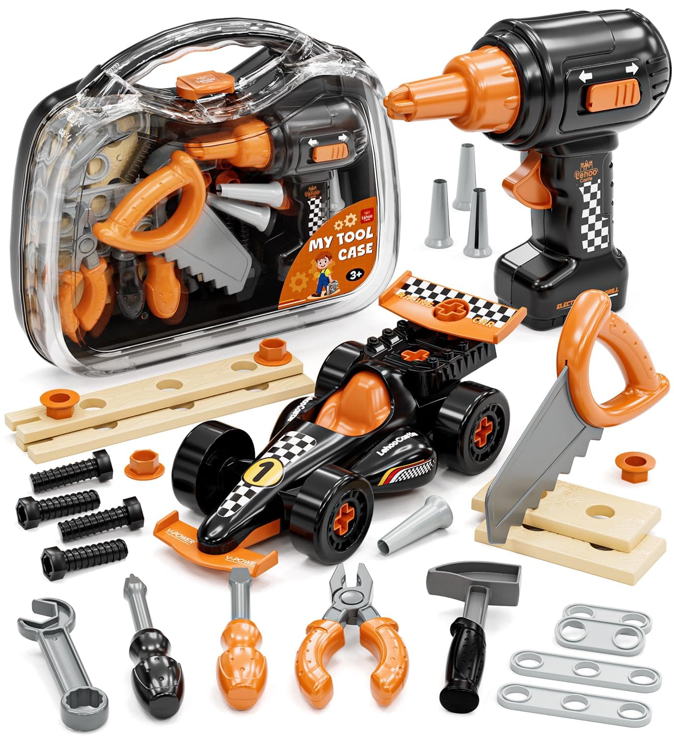 Lehoo Castle Kids Tool Set with Electric Drill & Race Car for Boy Ages 3 | Tool Set Box with Take Apart Race Car, Construction Toys for Toddlers 3 4 5 Year Old, STEM Learning Toys (Orange& Black)