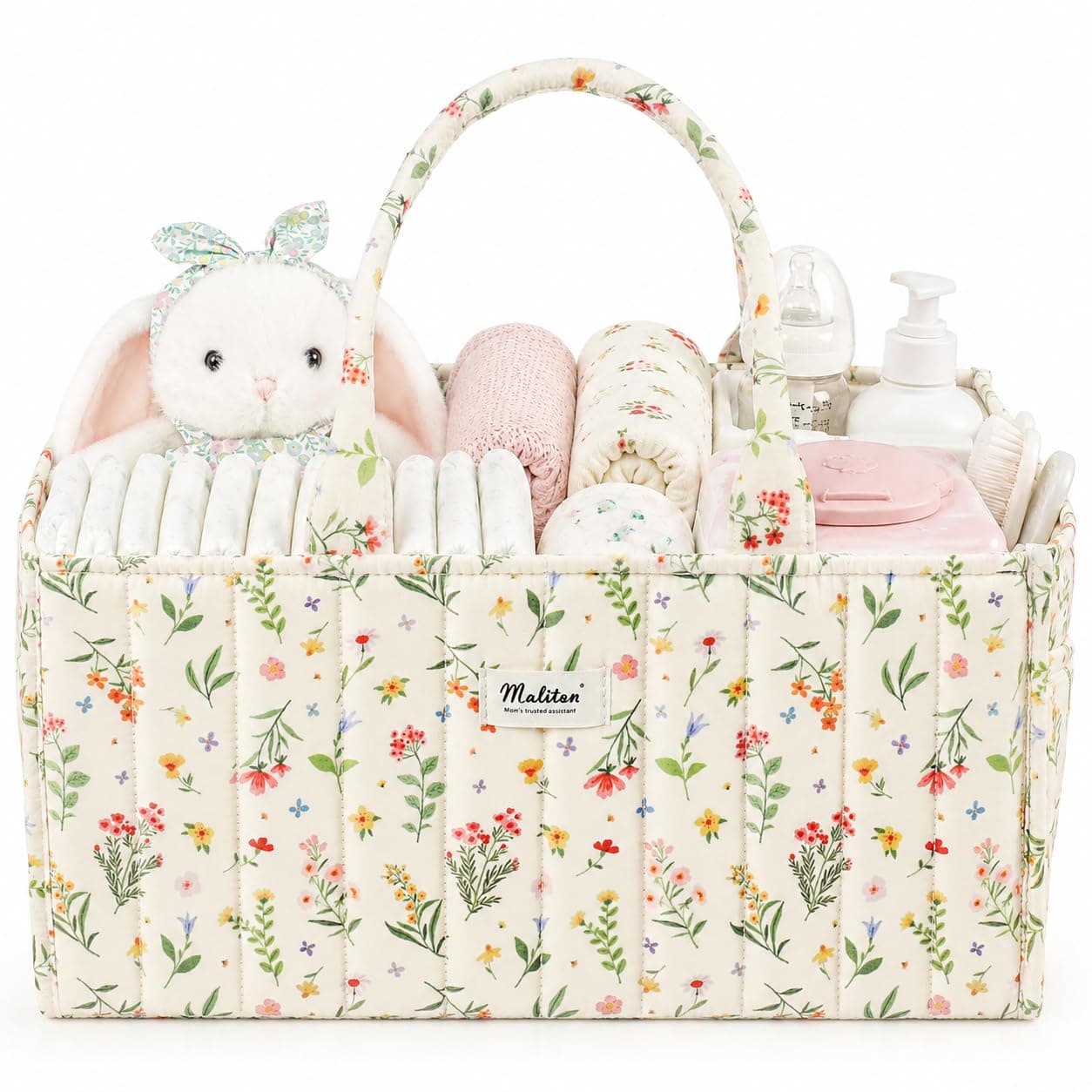 Maliton Nappy Caddy Organiser, Baby Changing Caddy with Removable Dividers and 2 Side Pockets, Portable Nursery Storage Basket for Nappies, Wipes, Bottles and Newborn Essentials for New Mum, Floral