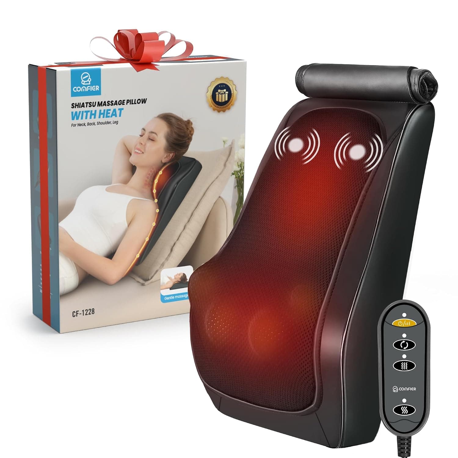 COMFIER Shiatsu Massage Pillow with Heat, Back Massager with 3D Kneading Heads, Lumbar Pillow for Office Chair, Ideal Gifts for Men Women | Shiatsu Back Massager with 4D Kneading Heads, Massage Cushion for Shoulder, Back, Legs, Gifts for Men Women