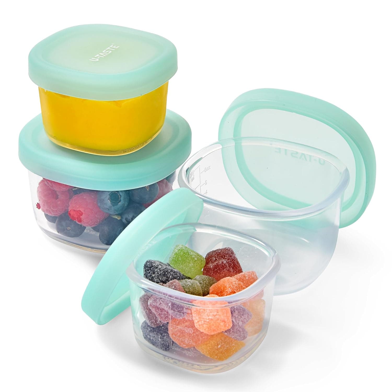 U-Taste Silicone Food Containers Set: Kitchen Airtight Storage, Nesting Clear Picnic Box for Portion Control, Freezer & Microwave Safe, for Party Wedding, Holiday (100ml 2PCS & 200ml 2PCS, Aqua Sky)