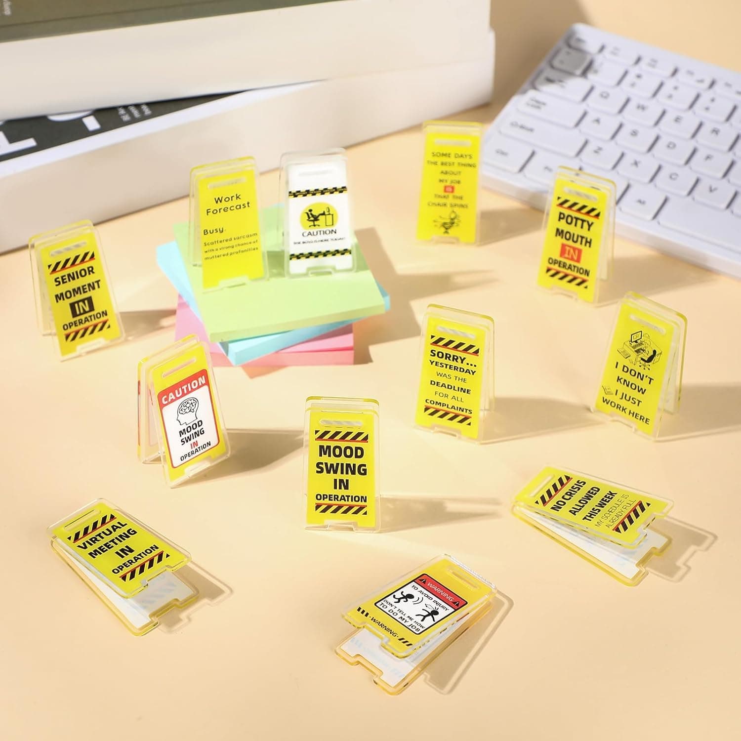 12 Pack Funny Note Holder Clips with Hilarious Sticky Desk Signs, Unique Office Desk Accessories and Memo Holders for Coworkers, Great Funny Office Humor Gifts