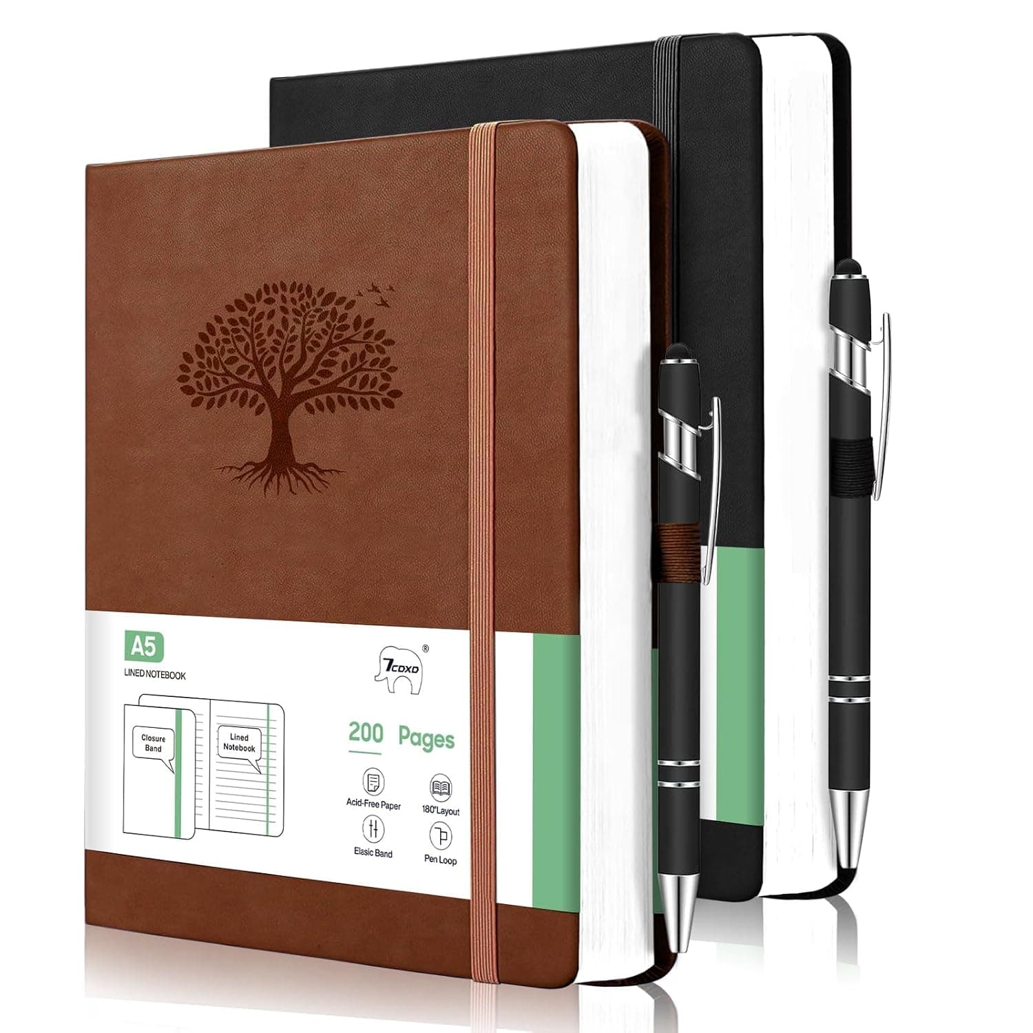2-Pack A5 Hardcover Leather Notebooks with 2 Pens, Lined Notebook,200 Pages total, 100gsm Thick Paper, for Men Women Students Office Business, 14.6 x 21.3 cm (5.75" x 8.38"),Black+Brown