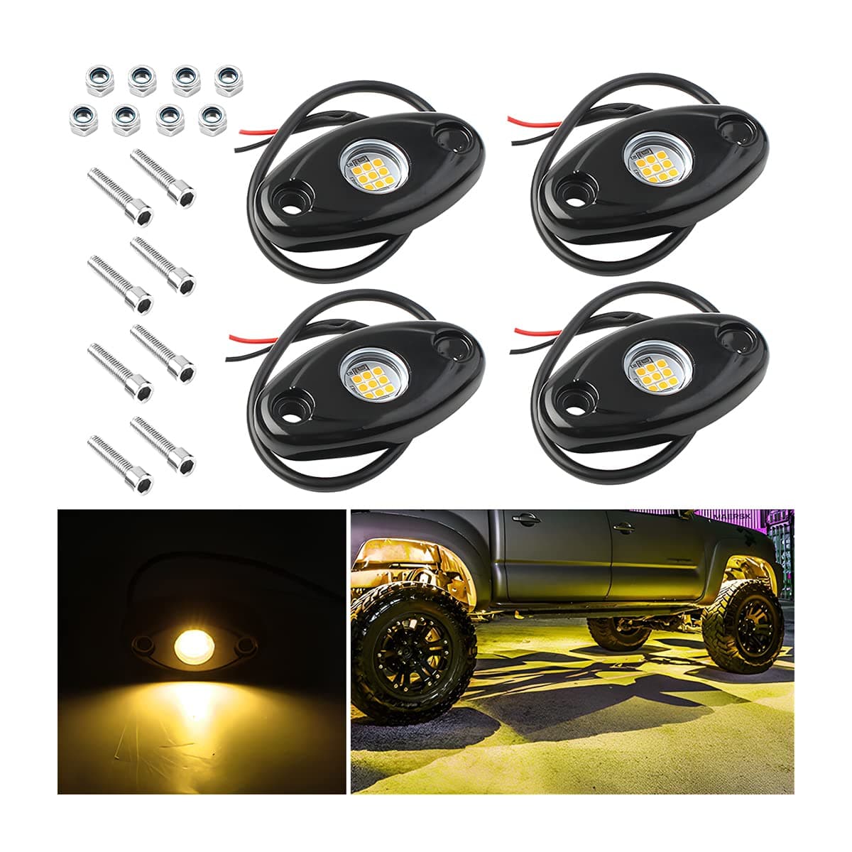 AICEL Rock Lights for Trucks, 4 Pods LED Rock Lights, IP67 Waterproof Neon Rock Lights Kits for Pickup ATV Off Road SUV, High Brightness Multifunction Underglow Lighting Glow Trail Rig Lamp (Yellow) | Neon Rock Lights Kits, IP68 Waterproof and High Brightness, Vehicle Decoration, For Pickup ATV Off Road SUV