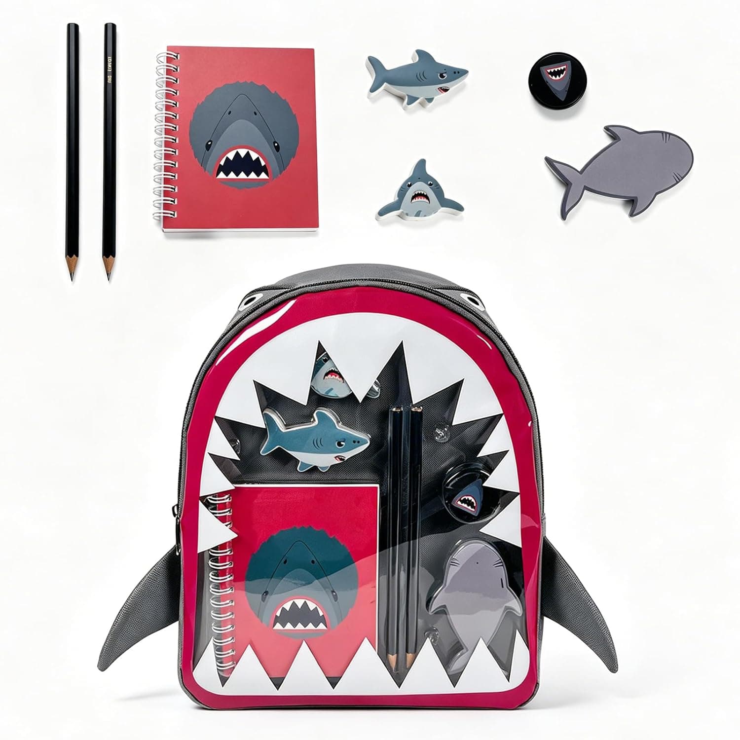 SOOO GOOD Shark Backpack for Boys with Stationery Set, Blue School Bag with Transparent Window, Includes Notebook, Pencils & Stickers, Multi-Functional Kids Backpack for School and Outdoor Picnic