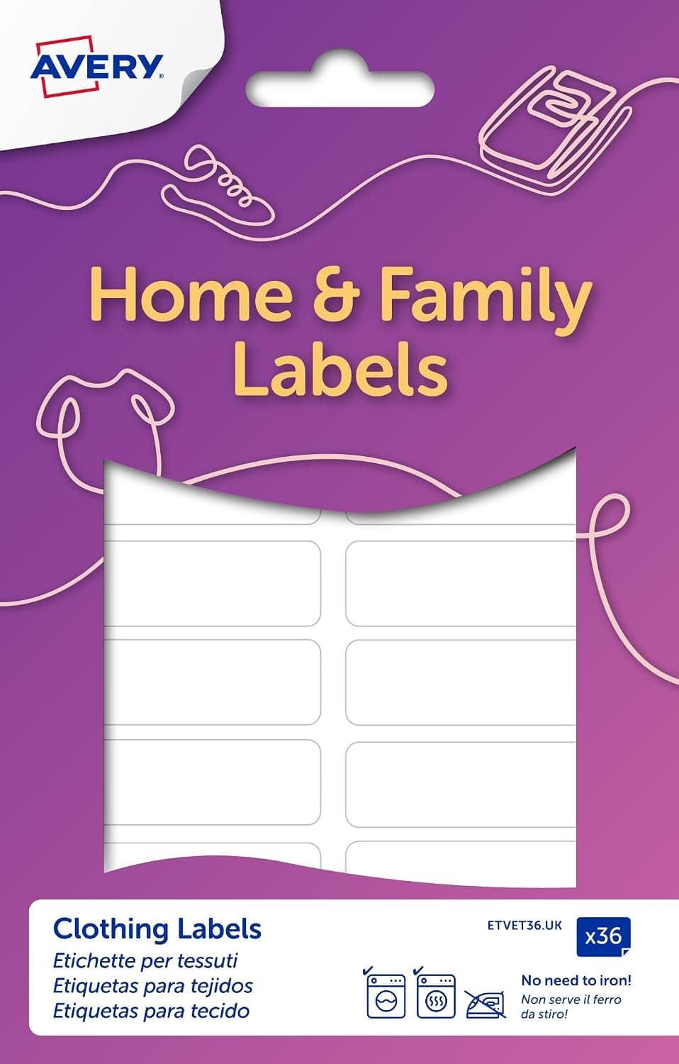 Avery Clothing Labels, name labels, stick on school labels, no ironing or sewing, 45 x 13 mm, 36 Labels Per Pack, White