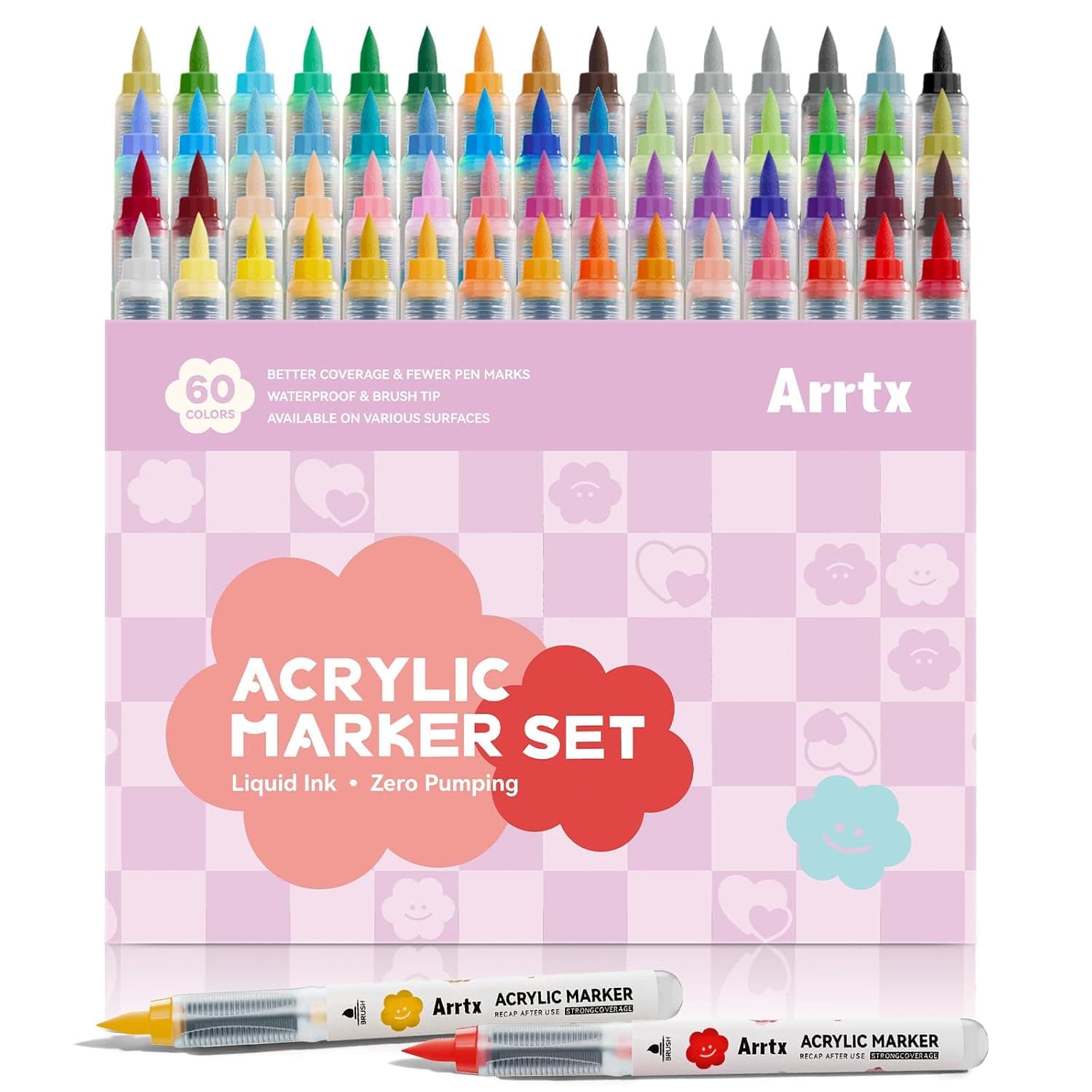 Arrtx Acrylic Markers Paint Pens 60 Colors,Large Capacity Ink Brush Tip Acrylic Pens Set for Coloring Drawing Rock Painting Glass Stone Wood DIY Craft