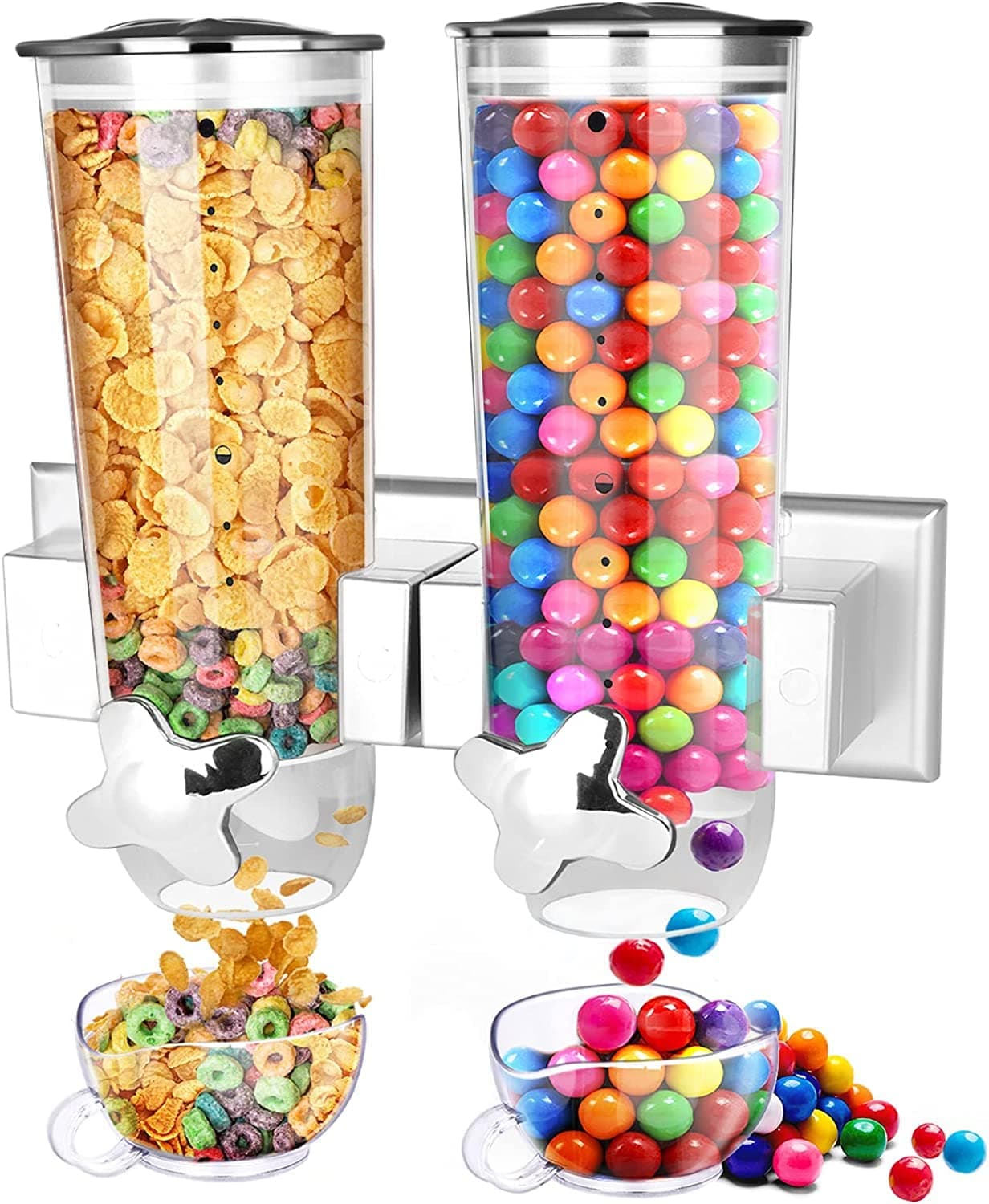 Cereal Dispenser Wall Mounted, Large Grains Dispenser Wall Mounted Dry Food Dispenser with 2 Cups Wall Mounted Candy Dispenser for Store Coffee Beans Nut Snacks Kitchen Cereal Container Storage 3 L