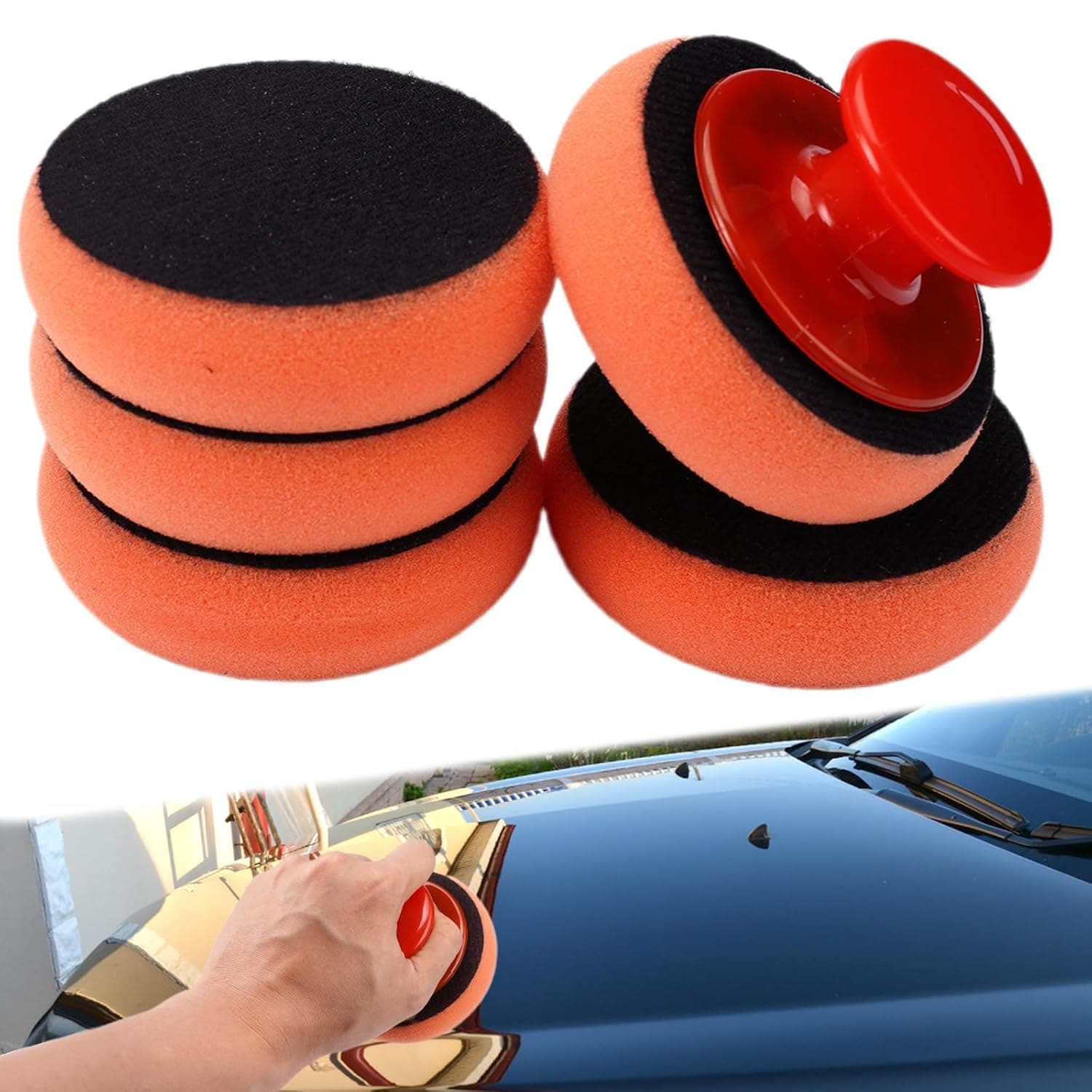 YelaJoy 7-Set Car Polishing Sponge with Handle, Microfiber Buffing Pads, 3.5 Inch Scratch-Free Cleaning Sponge, Multi-Purpose Auto Polisher for Cars, Vehicle Detailing