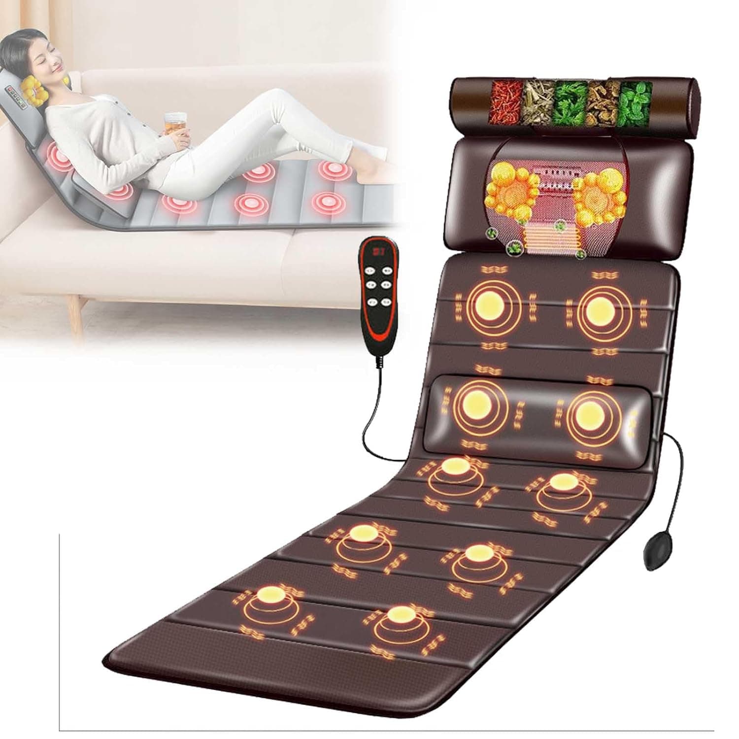 Full Body Massage Mat with Heat Massage Pad with 10 Vibrating Motors Foldable Vibrating Massage Mattress Pad for Relieving Back Lumbar Leg Muscle Relaxation 9 Modes(Brown B,White)