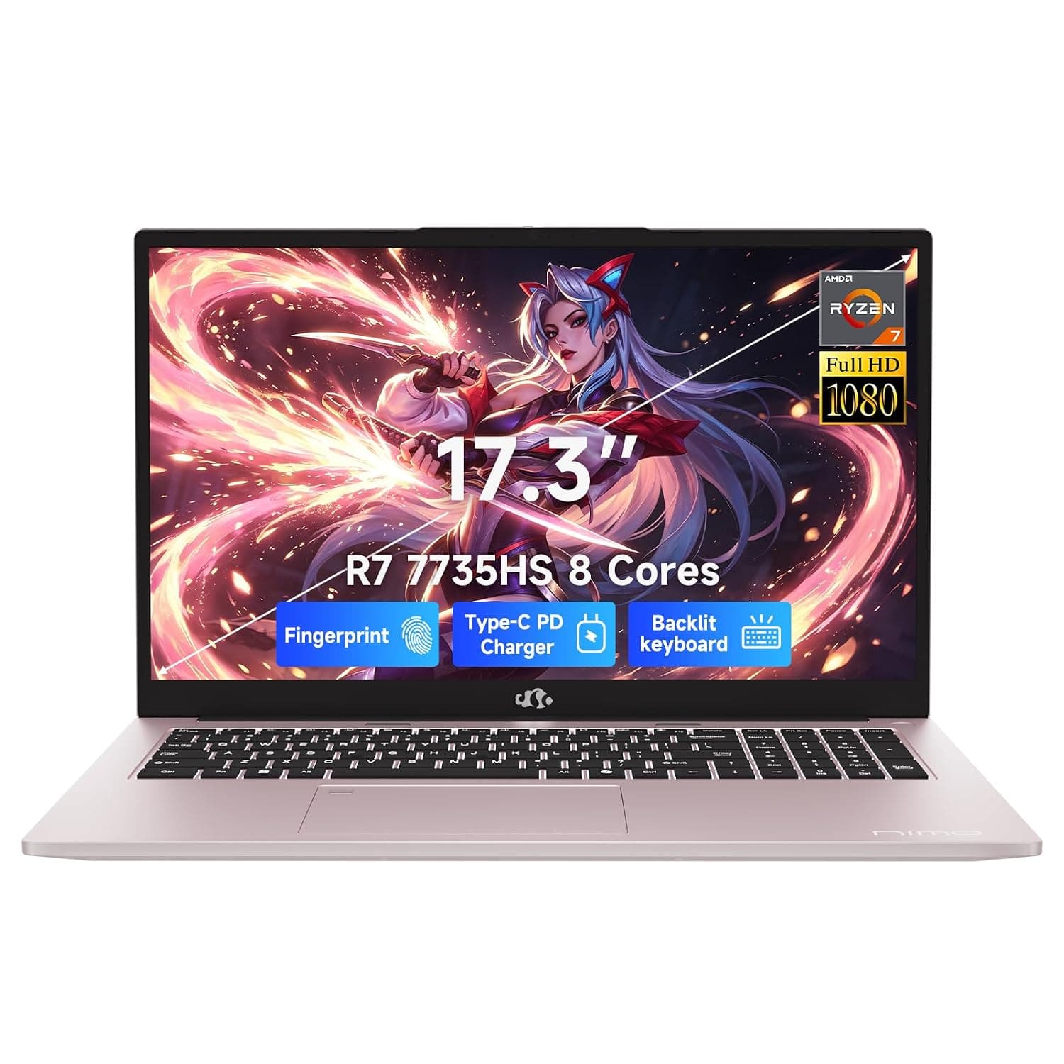 NIMO 17.3" FHD IPS Laptop, Ryzen 7 7735HS(8C/16T, Beats i7-12650H) 16GB DDR5 1TB SSD, Radeon 680M GPU Backlit Keyboard Fingerprint Reader Win 11 Computer with 100W PD Fast Charging